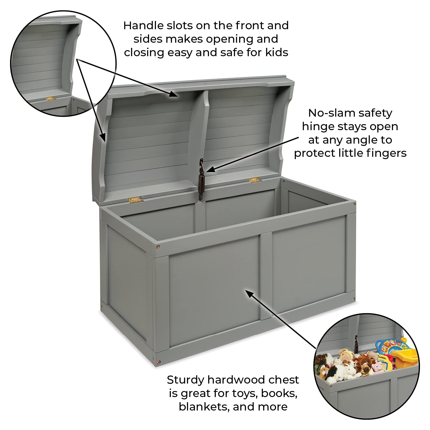 Badger Basket Kids Hardwood Toy Storage Chest with Safety Hinge - Gray Barrel Top Toy Box for Nursery, Playroom & Bedroom Organization