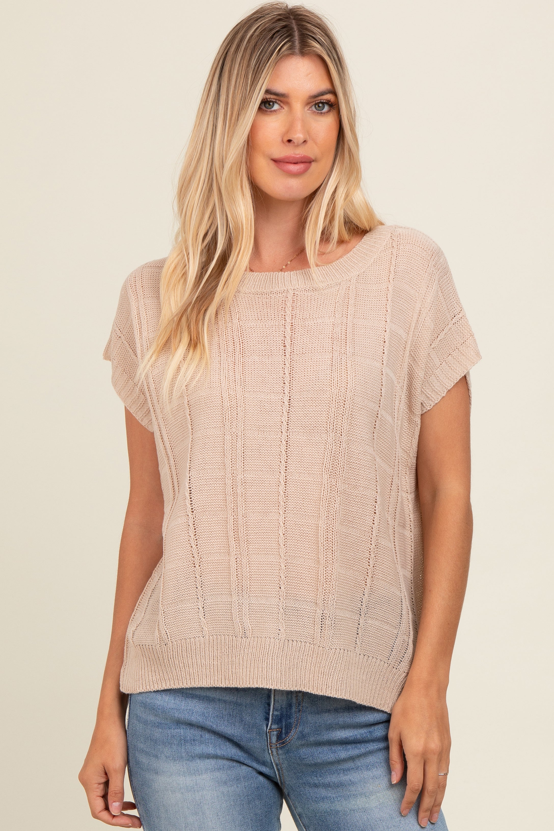 Beige Maternity Sweater for Women - Soft Knit Short Sleeve Top for Pregnancy - Perfect for Casual Wear, Baby Showers & Maternity Photos