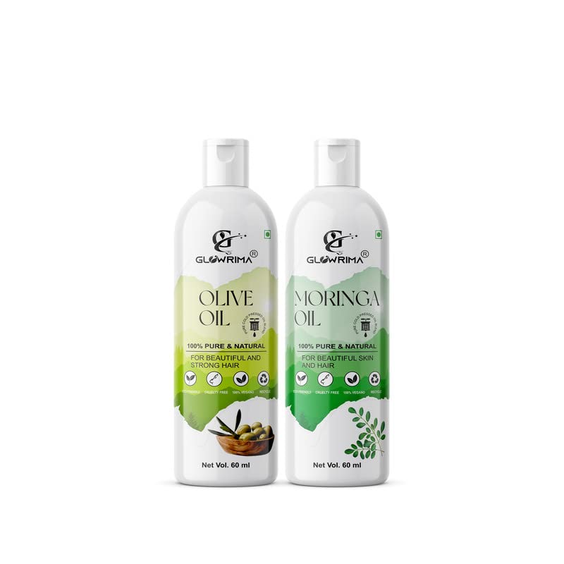 Glowrima 100% Pure Olive Oil & Moringa Oil Combo (60ML Each) - Promotes Rapid Hair Growth, Reduces Hair Fall, Repairs Split Ends for Softer & Shinier Hair - Pack of 2 - Perfect for Daily Hair Care & Scalp Treatment