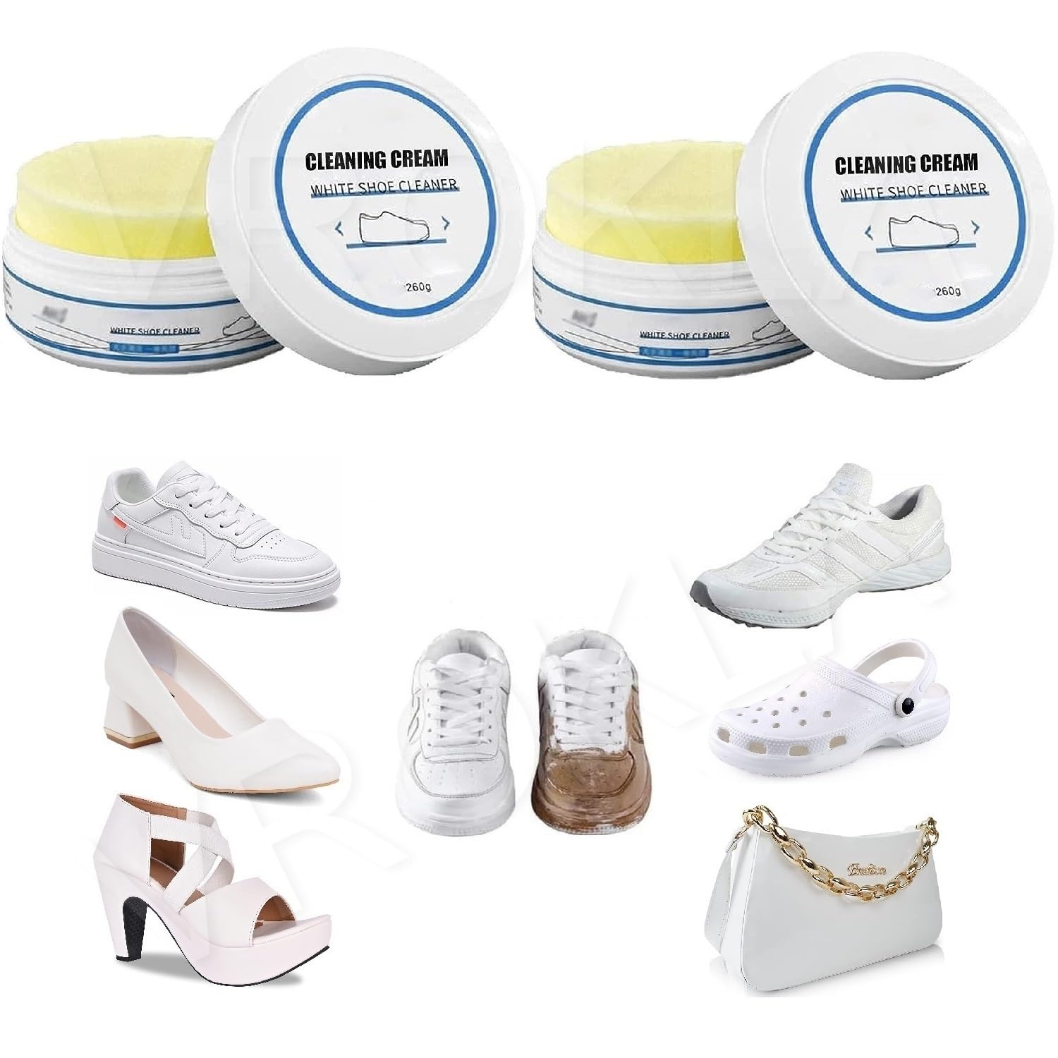 VROKLA White Shoe Cleaner Cream with Sponge - Instant Whitening & No-Wash Cleaning Kit for Sneakers, Shoes & Footwear | Stain Remover & Polish (260g) | Perfect for Gym, Work & Everyday Use