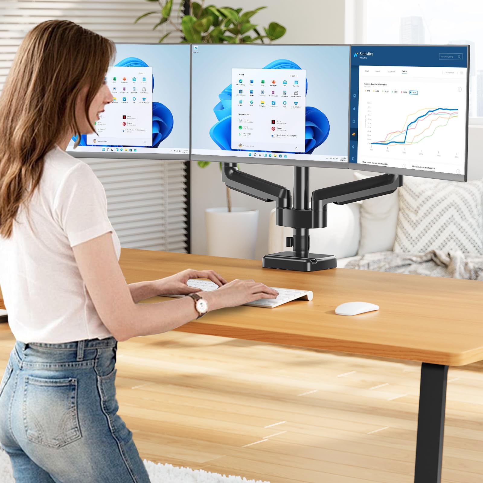 MOUNT PRO Triple Monitor Stand for 13-27 Inch Screens - Adjustable Gas Spring 3 Monitor Desk Mount with Full Motion Articulating Arms, Supports 17.6lbs per Screen (VESA 75x75/100x100) - Perfect for Gaming, Office Work & Multi-Tasking Setup