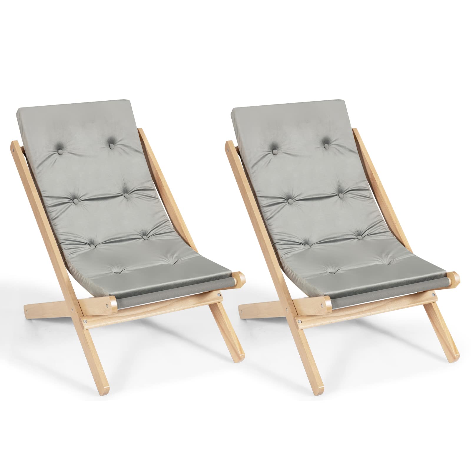 Giantex Adjustable Folding Beach Sling Chair - 3-Position Outdoor Lounge Chaise with Wood Frame & Thick Cushion - Dual Purpose Indoor/Outdoor Use for Sunbathing, Camping, Patio & Living Room Relaxation (Gray, 2-Pack)