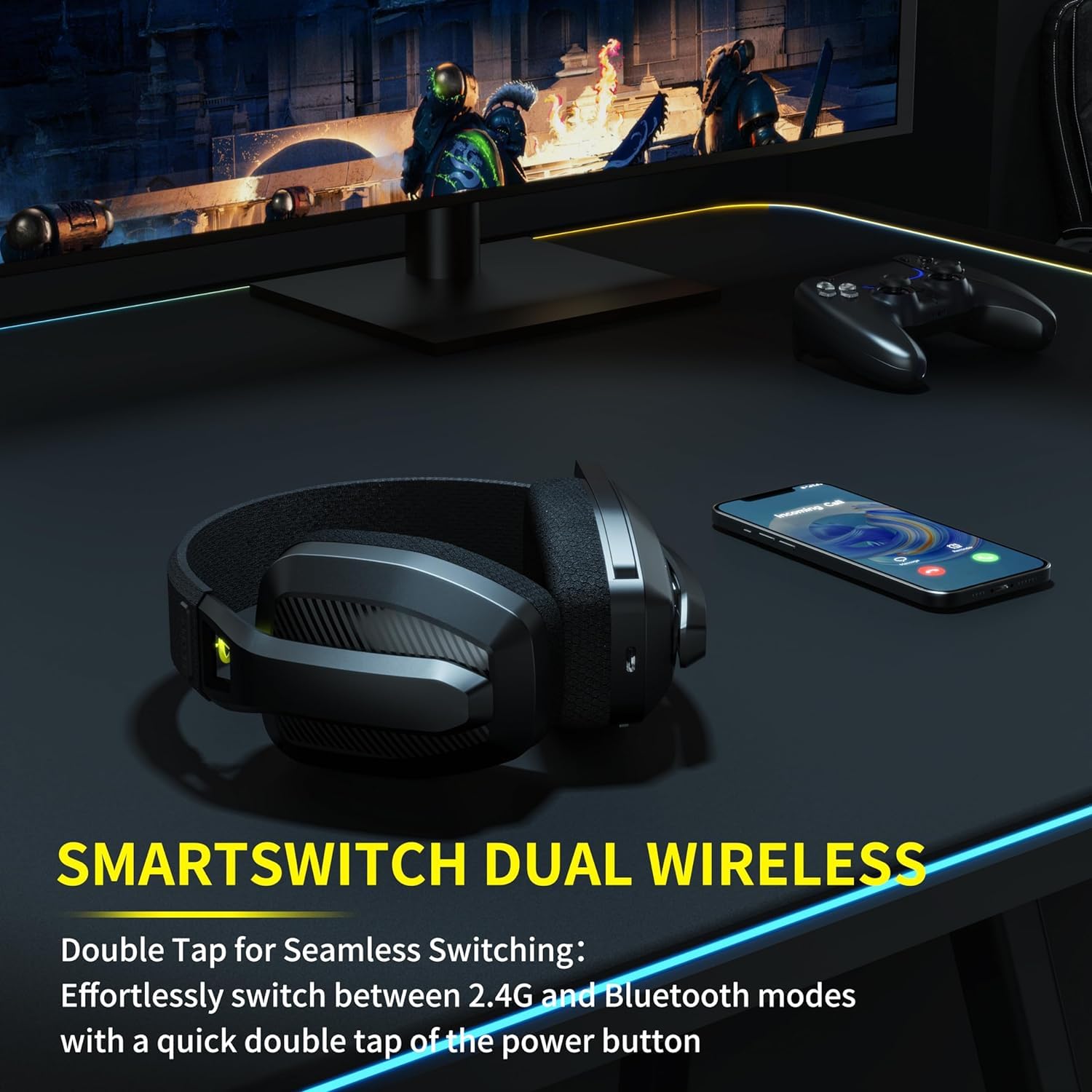 BINNUNE 7.1 Wireless Gaming Headset with Microphone - Compatible with PS4, PS5, PC, Nintendo Switch & Mac | 2.4GHz Bluetooth Headphones with Noise-Cancelling Mic, 63Hr Battery Life (Black) - Perfect for Online Gaming, Streaming & Virtual Meetings