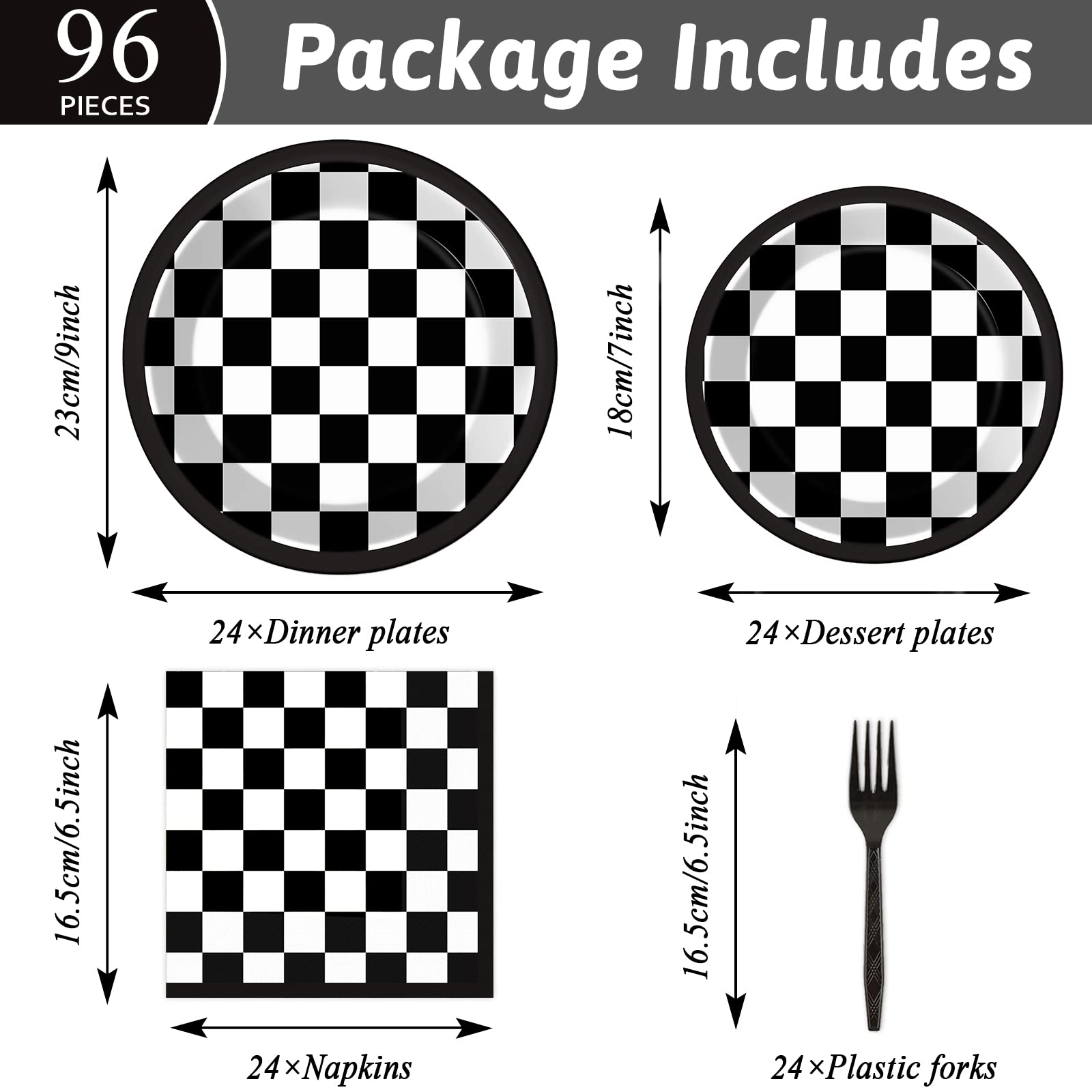96-Piece Black and White Checkered Tableware Set - Racing Car Themed Plates, Napkins & Forks for 24 Guests - Perfect for Race Car Birthday Parties, Sports Events & Themed Dessert Tables