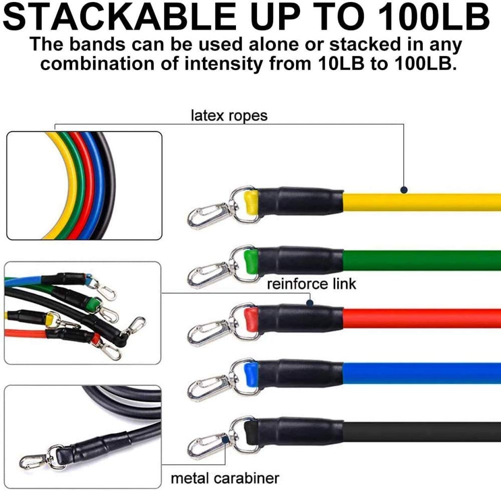 Premium 11-Piece Resistance Bands Set with 5 Stackable Exercise Bands, Door Anchors, 2 Foam Grips & Carrying Pouch - Perfect for Home Workouts, Gym Training, Yoga & Physical Therapy