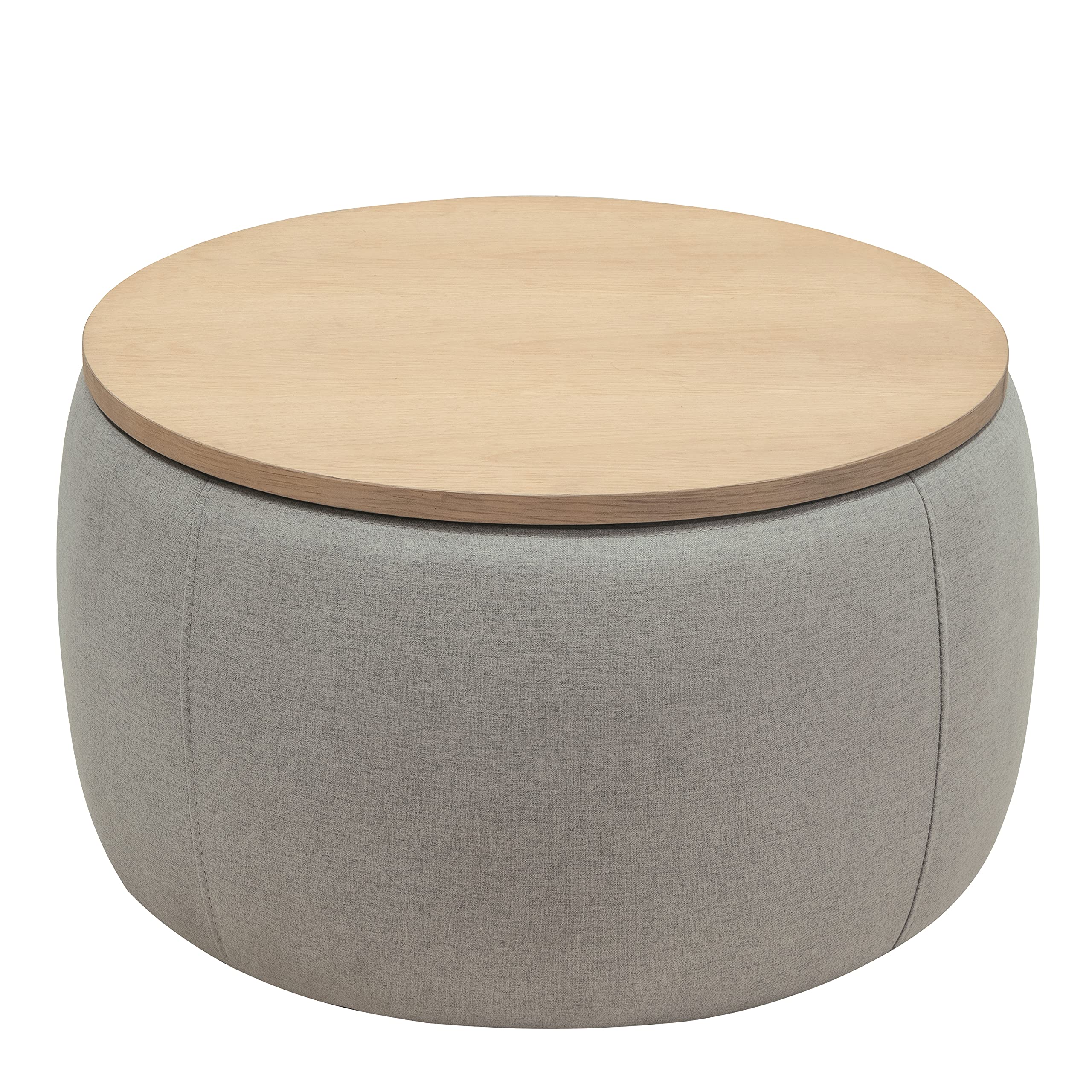 Round Storage Ottoman with Reversible Tray - Multifunctional Coffee Table, Foot Rest & End Table for Living Room - Light Gray - Perfect for Small Spaces, Home Decor & Extra Seating