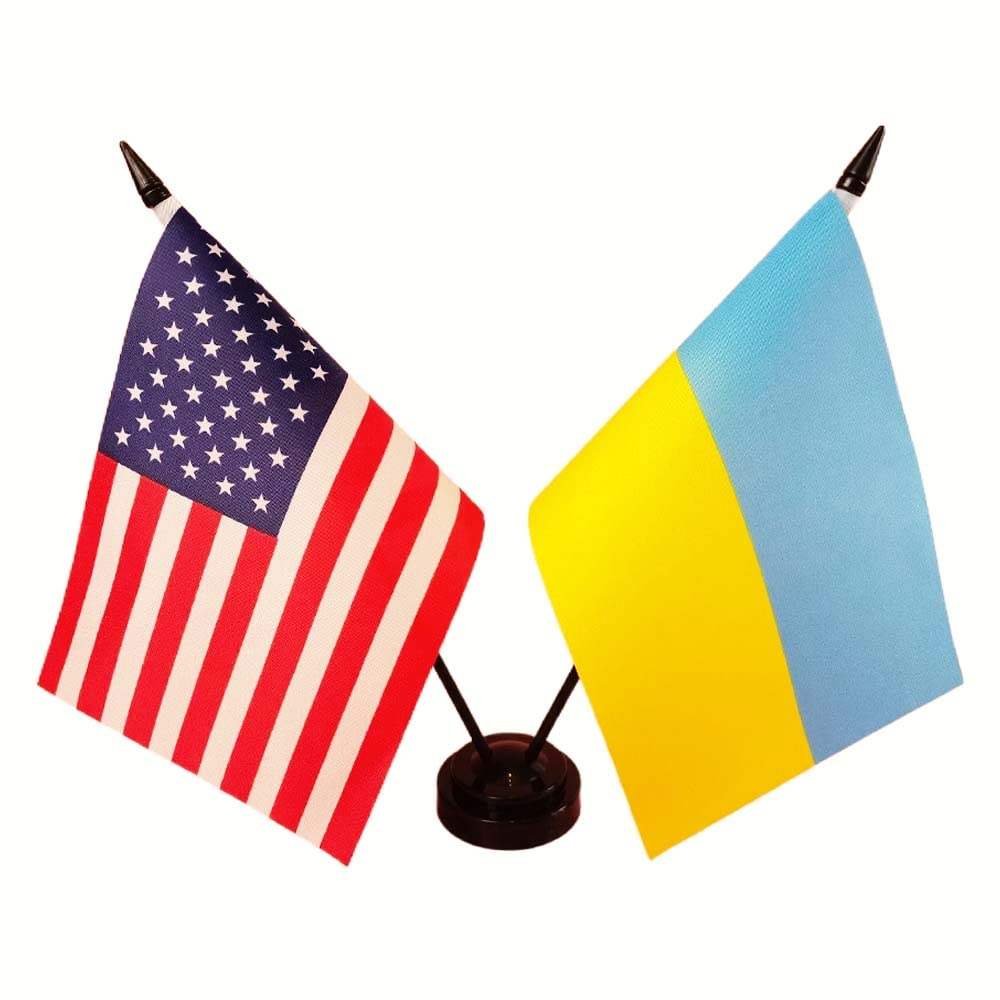 US Ukraine Friendship Table Flag Set - Miniature American & Ukrainian Twin Desk Flags for Office, Home Decor, Room Display - Perfect for Patriotism, International Events & Diplomatic Gifts