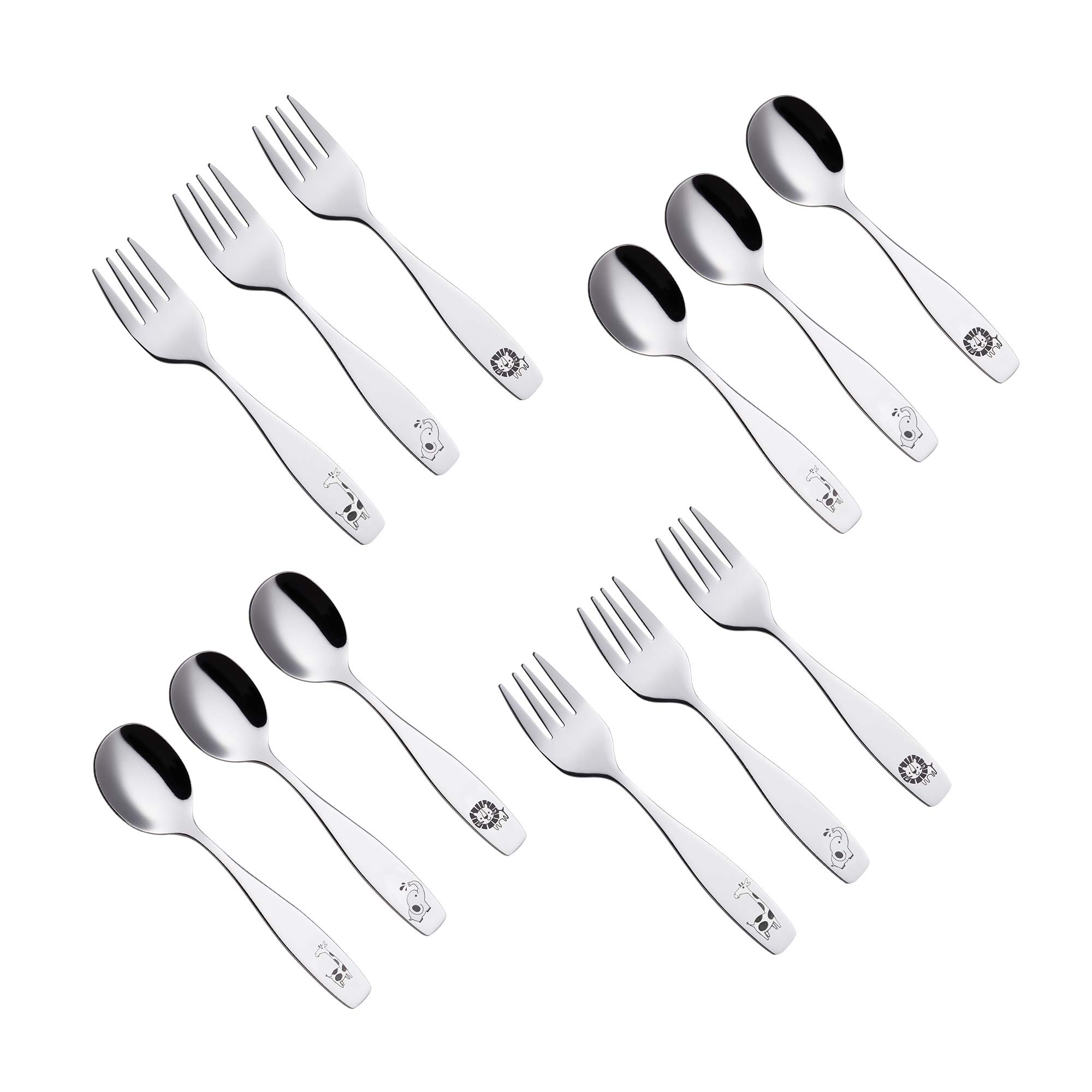 ANNOVA 12-Piece Kids Silverware Set - Stainless Steel Toddler Utensils with 6 Forks & 6 Spoons, Safe Children's Flatware for Lunchbox (Safari Animals Design - Elephant, Giraffe, Lion) - Perfect for School, Travel, and Everyday Meals