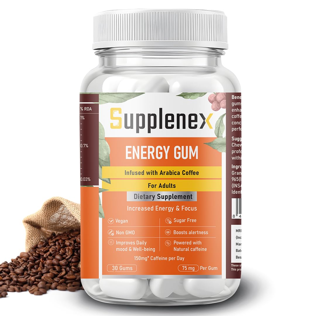 Supplenex Energy Gum - Caffeine Infused Chewing Gum for Men & Women | Sugar-Free Arabica Coffee Energy Boost | Pack of 30 Power Gummies | Perfect for Workouts, Study & Long Drives