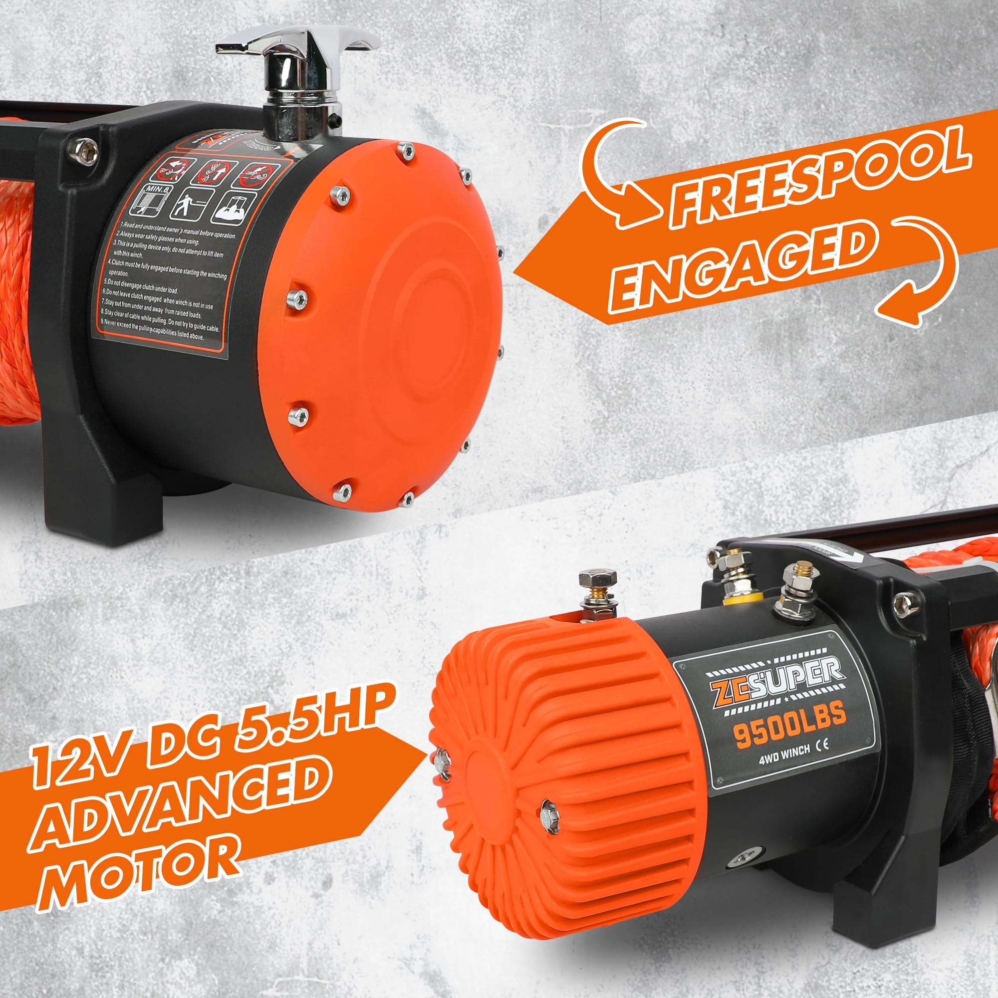 ZESUPER 9500 lb Electric Winch - 12V Heavy Duty Winch with Hawse Fairlead, IP67 Waterproof, Wireless Remote & Wired Handle, Synthetic Rope - Ideal for Off-Roading, Towing, and Marine Applications