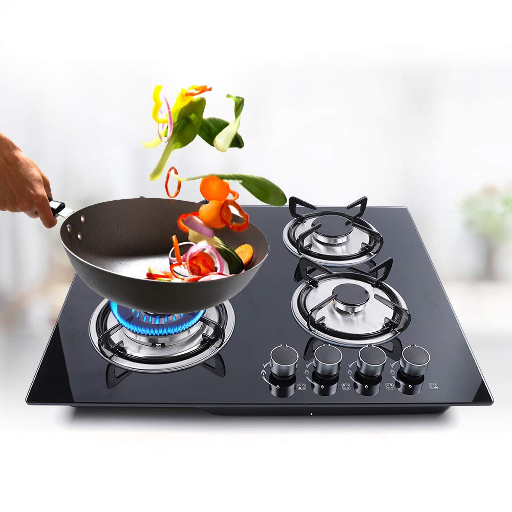 24 Inch 4 Burner Built-in Gas Cooktop - Dual Fuel LPG/NG - Tempered Glass Surface - Easy Clean Kitchen Stove for Home Cooking, Grilling & Meal Prep