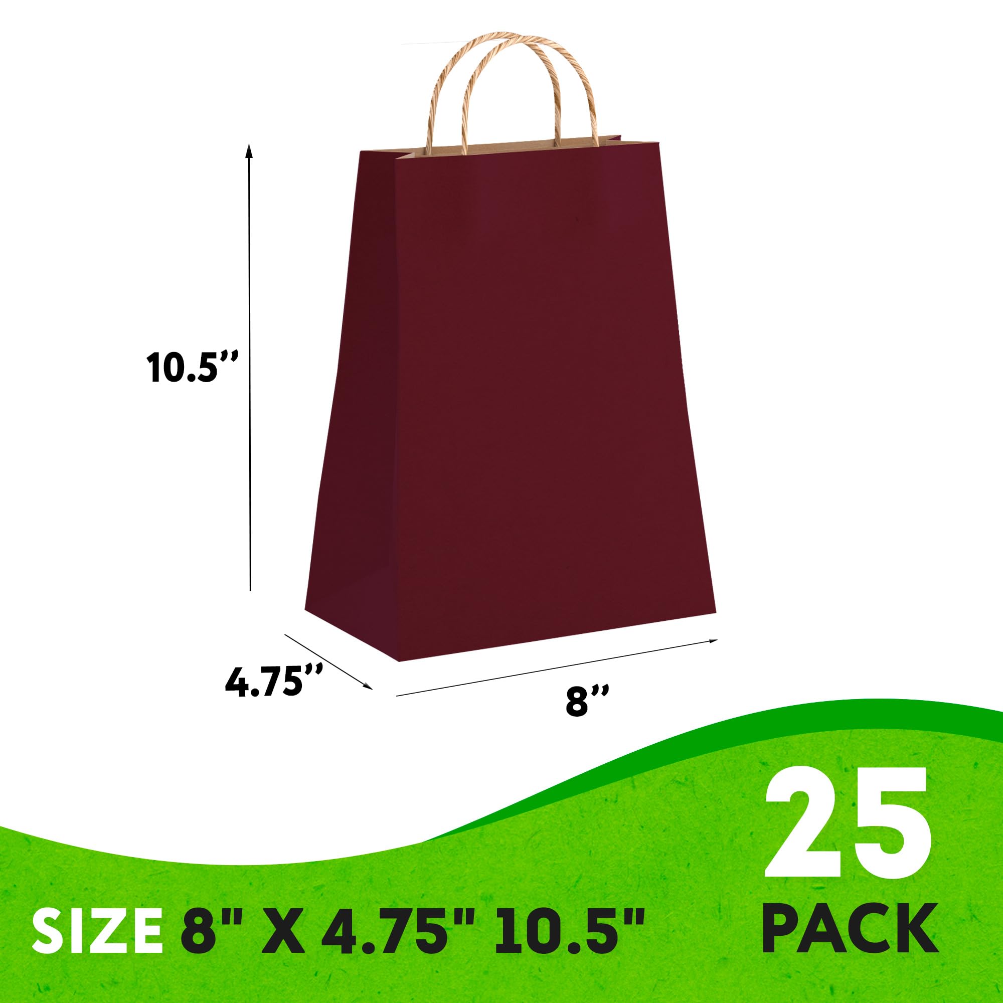 Eco-Friendly Kraft Paper Gift Bags with Rope Handles - 8x4.75x10.5 Inch (25 Pack) - 150 GSM Recyclable Shopping Bags for Wine, Christmas Presents & Retail Packaging | Perfect for Holiday Gifting, Boutique Shopping & Party Favors