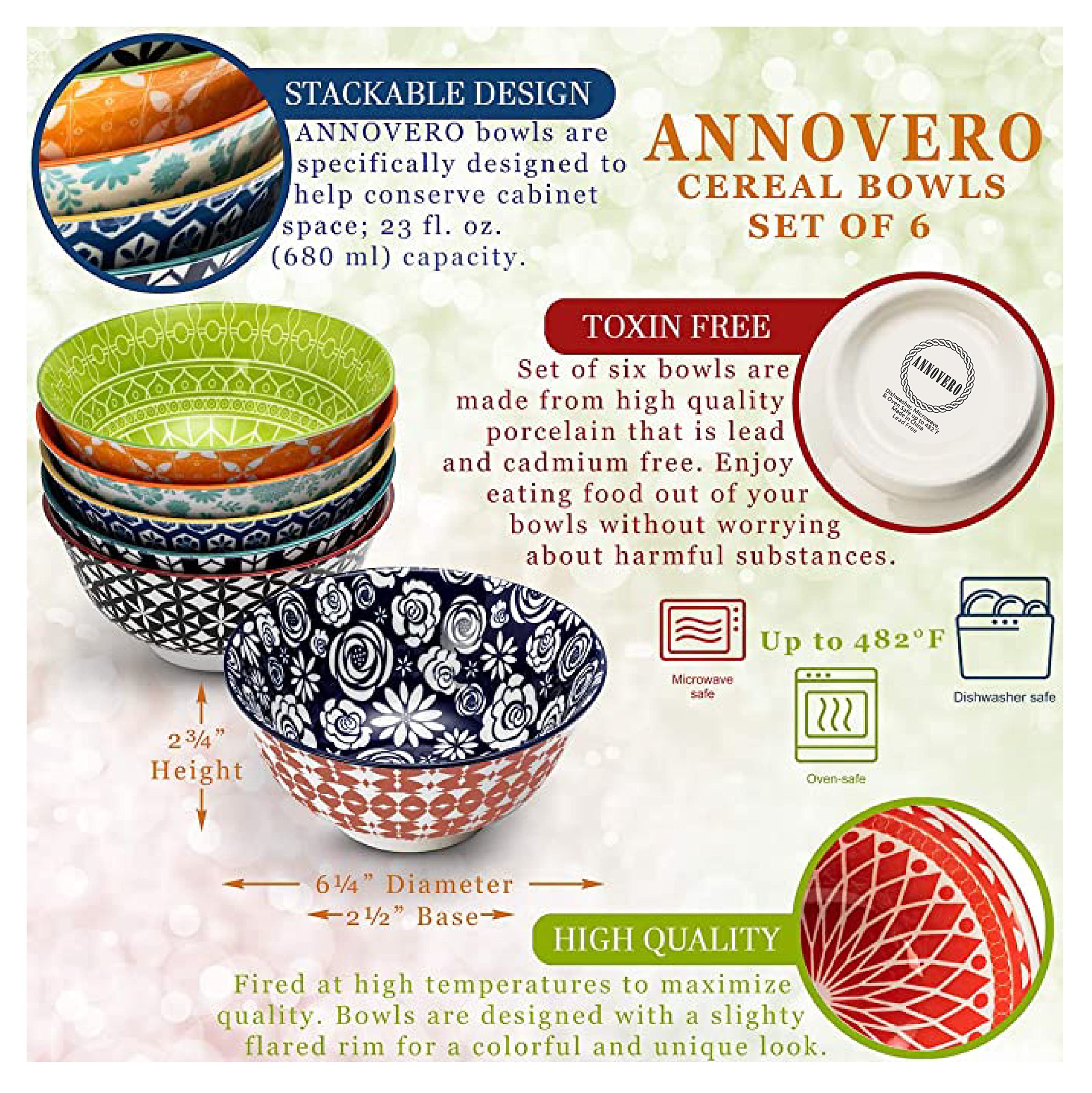Annovero 16oz Cereal & Pasta Bowls Set - Colorful Porcelain Salad Plates & Serving Dishes for Breakfast, Oatmeal, Chili, Soup - Microwave & Dishwasher Safe Dinnerware - Perfect for Family Meals, Dinner Parties & Everyday Use