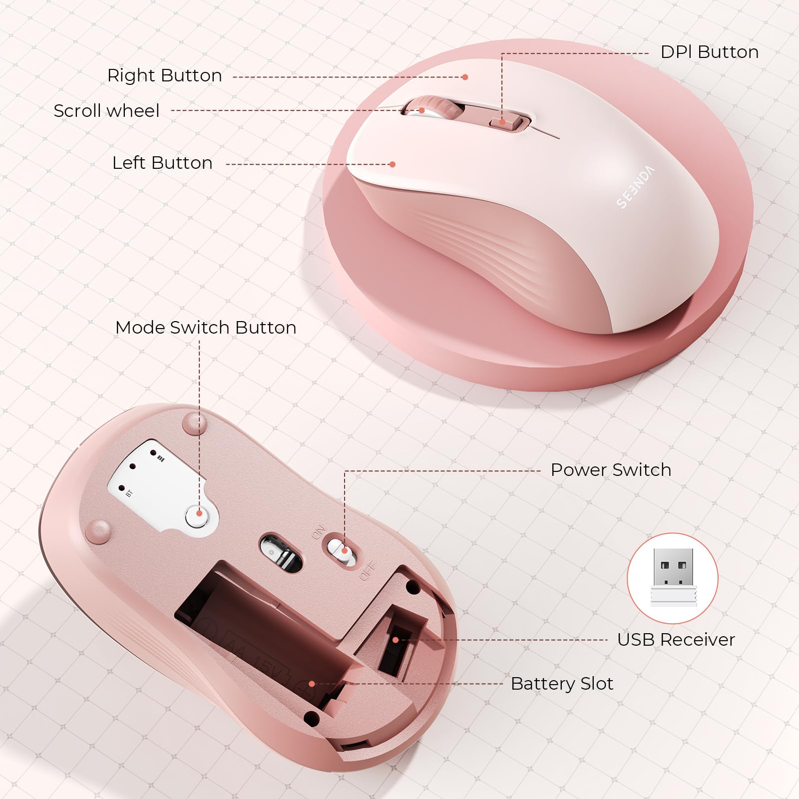 Seenda Wireless Bluetooth Mouse for Laptop - Dual Mode (Bluetooth & 2.4G USB) Ergonomic Computer Mouse Compatible with MacBook, Windows PC - Pink | Perfect for Office Work, Home Use & Travel