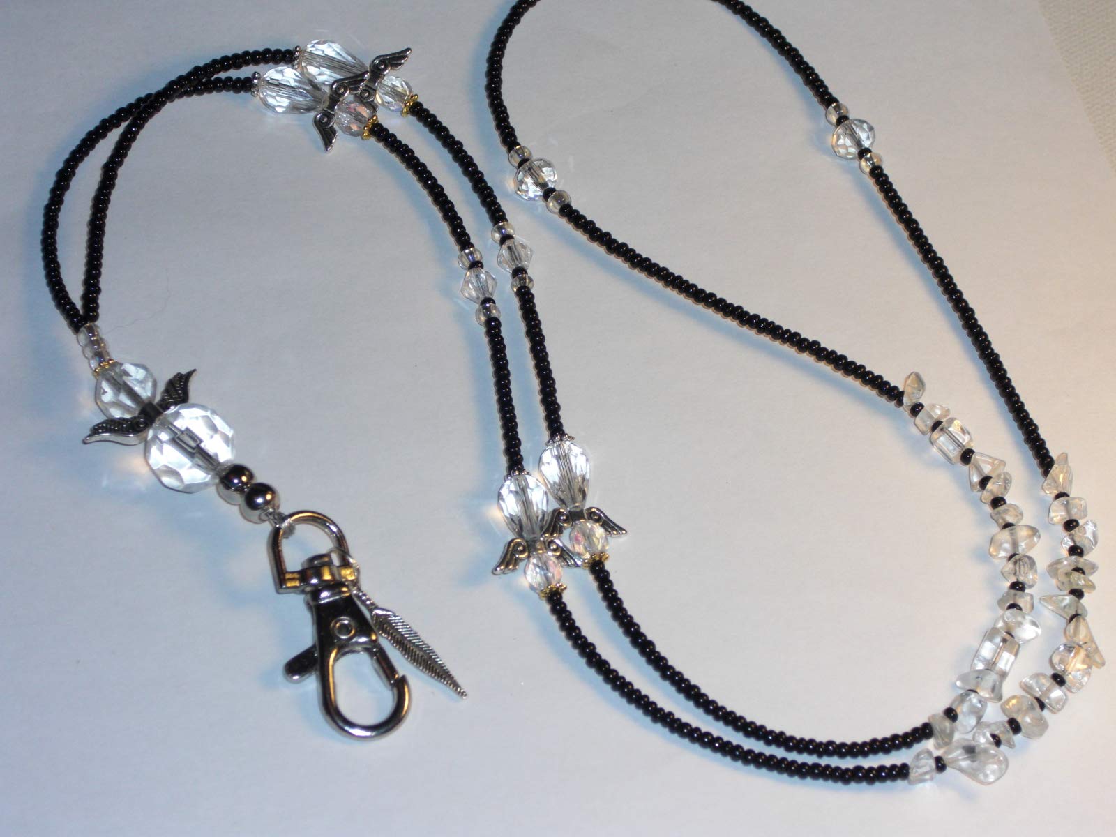 Guardian Angel Beaded Lanyard ID Badge Holder - Black with Crystal Clear Angels, Adjustable Length 32-38 Inches - Perfect for Nurses, Teachers, Office Workers & Event Staff