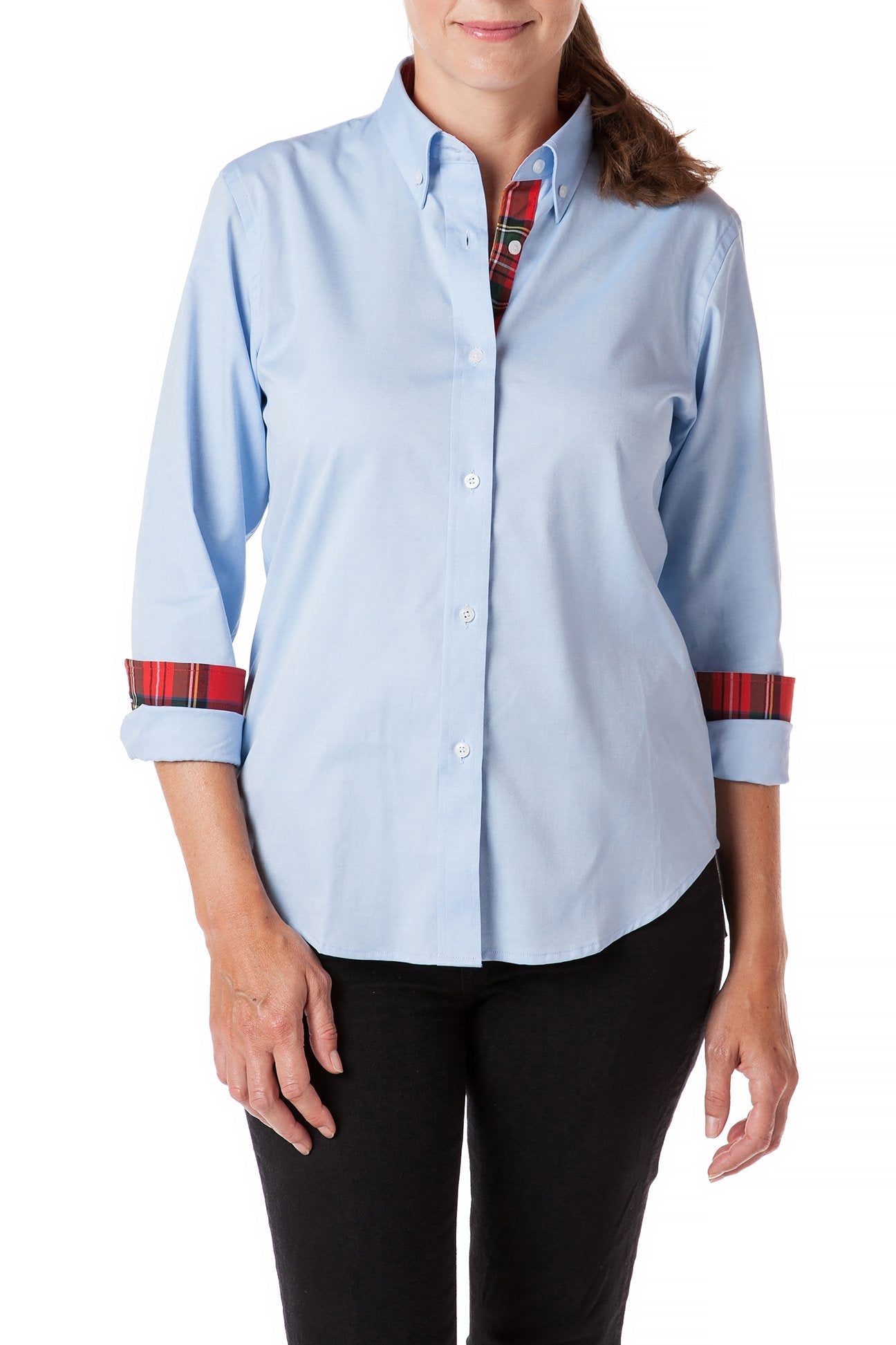Women's Blue Oxford Button Down Shirt with Royal Stewart Plaid Trim - Perfect for Office Wear, Casual Outfits & Business Casual Attire