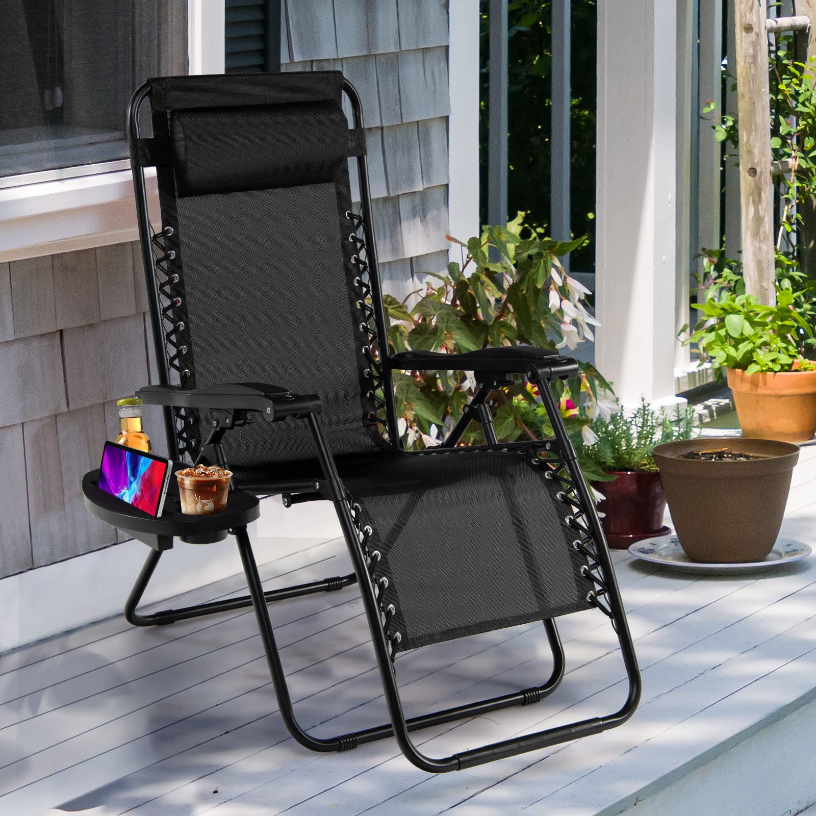 Goplus Zero Gravity Lounge Chairs - 160° Adjustable Folding Recliner with Pillow & Cup Holder, 350LBS Capacity - Comfortable Outdoor Patio Chairs for Backyard, Poolside, Beach & Camping (1-Pack, Black) - Perfect for Relaxing, Sunbathing & Outdoor Leisure