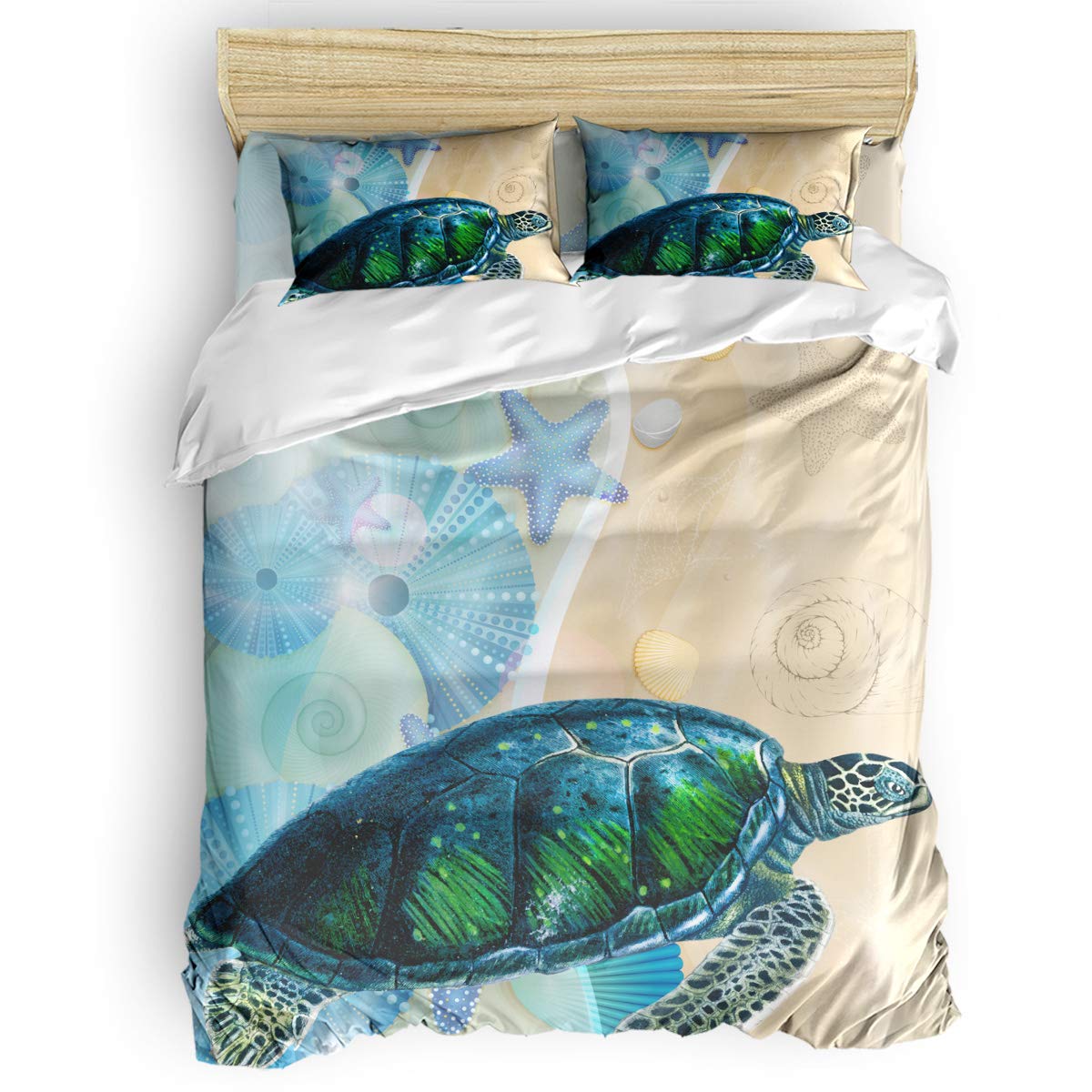 Yogaly 4-Piece King Size Bedding Set - Sea Turtle Beach Shell Starfish Print Duvet Cover, Flat Sheet & Pillowcases for Adults, Teens & Kids | Soft & Breathable Bed Sheets for Coastal, Nautical & Beach-Themed Bedrooms