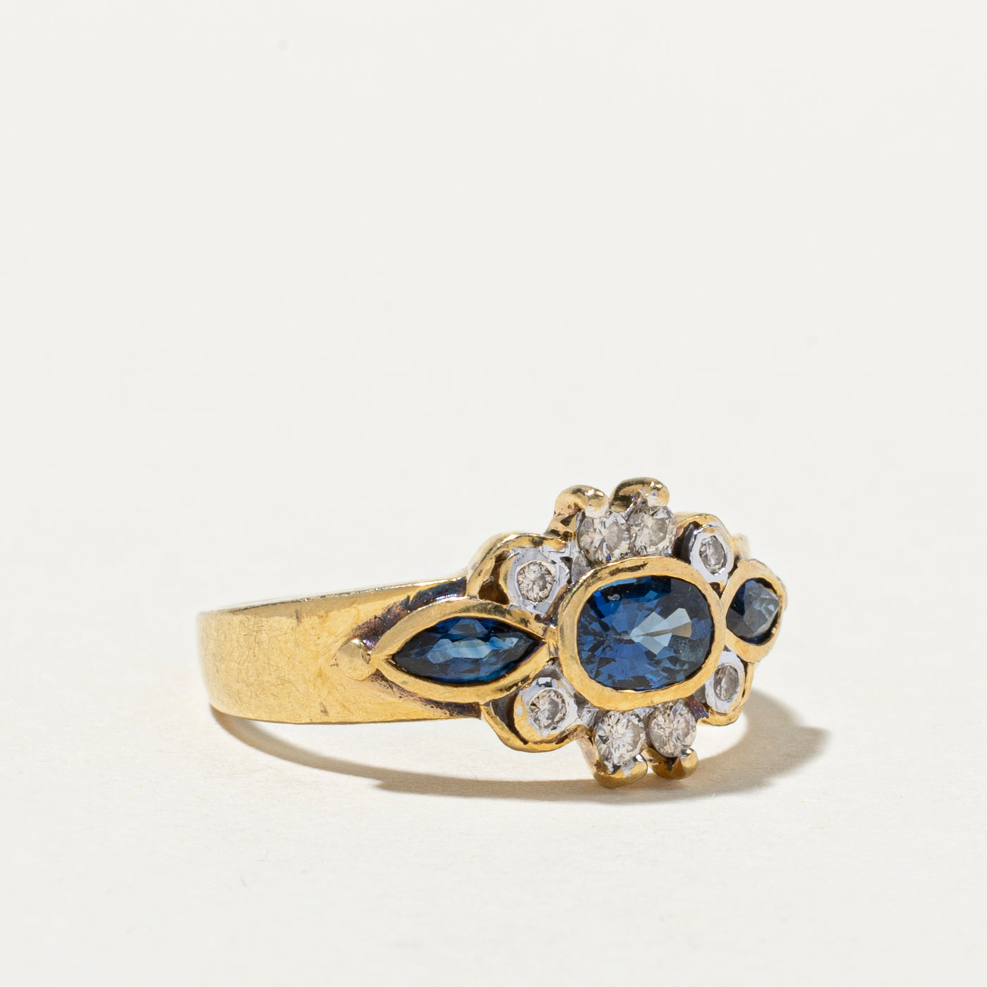 East West Sapphire & Diamond Ring - 0.87ctw Blue Sapphire & 0.16ctw Diamond Engagement Ring - Size 6.25 - Elegant Wedding Band, Anniversary Gift for Her - Perfect for Proposals, Bridal Jewelry & Special Occasions