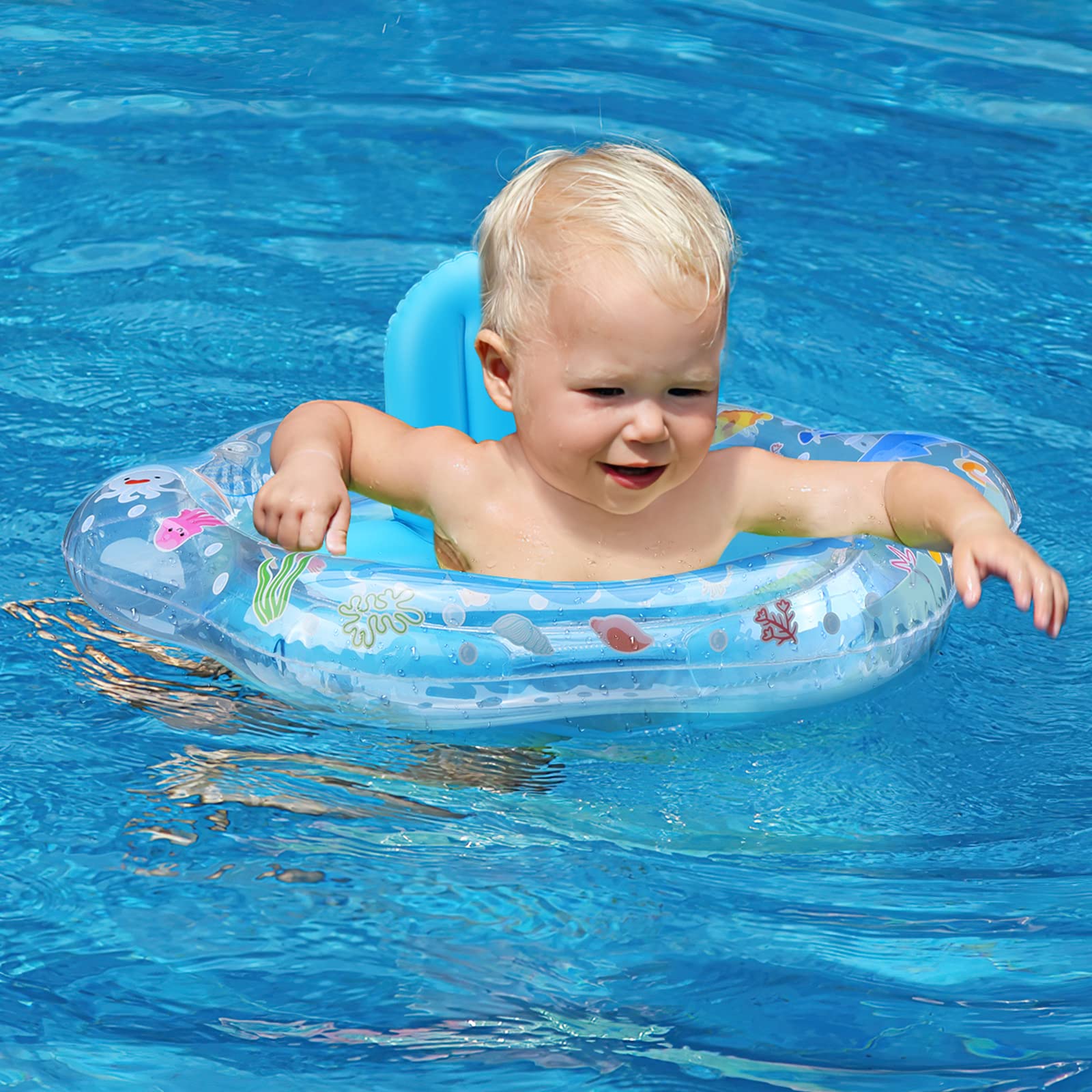Zooawa Baby Swimming Float with Safety Seat - Thickened No Flip Infant Pool Float for Swim Training - Ideal for Babies 6-30 Months (Large, Blue) - Perfect for Pool, Beach & Backyard Water Play
