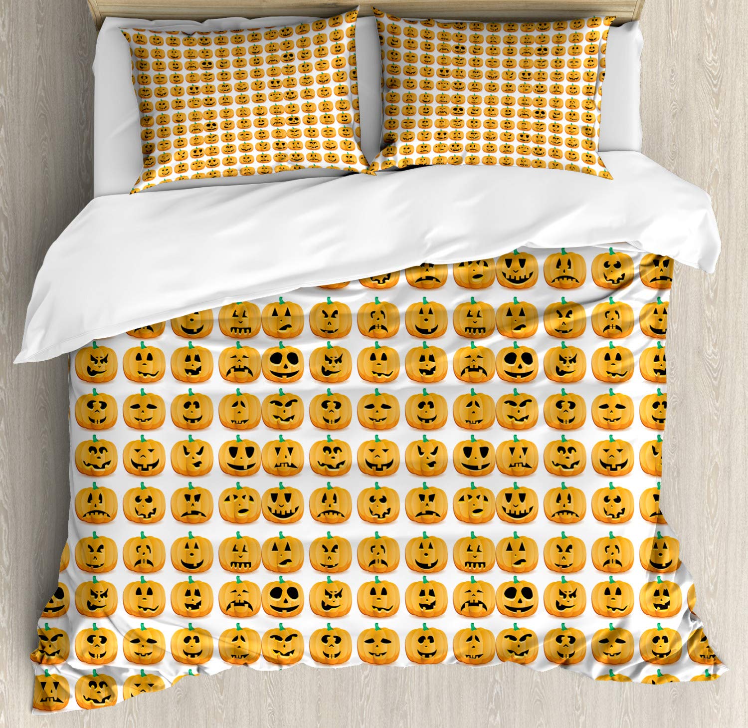 Ambesonne Autumn Pumpkin Duvet Cover Set - Jack O'Lantern Halloween Bedding | 3-Piece King Size Set with 2 Pillow Shams in Jade Green & Pale Orange | Cozy Fall Decor for Bedroom, Dorm, Guest Room