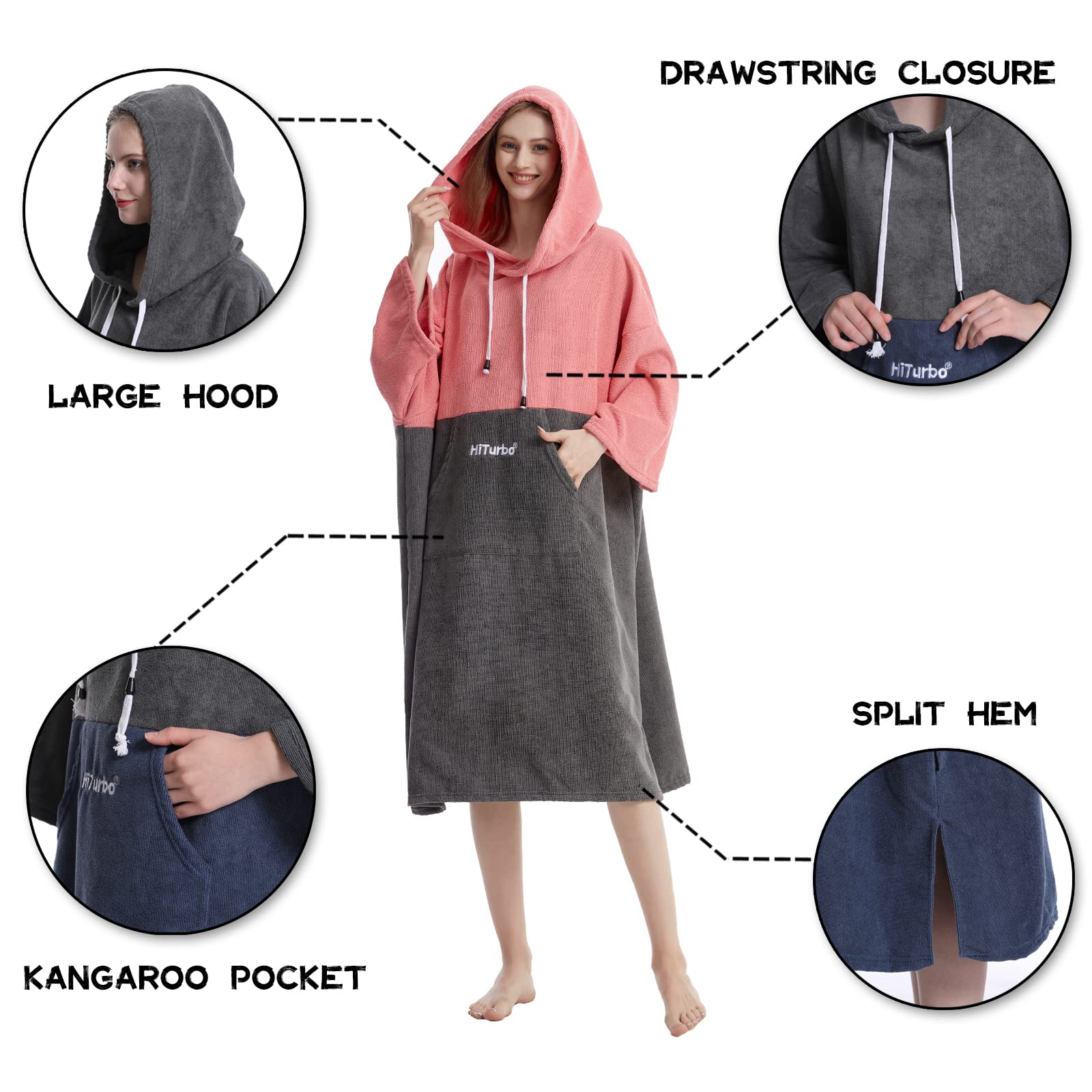 Hiturbo Quick Dry Changing Robe - 3/4 Sleeve Microfiber Hooded Towel Poncho for Surfing, Swimming & Beach - Absorbent After Swim Cover Up for Men & Women - Perfect for Pool, Gym & Outdoor Activities