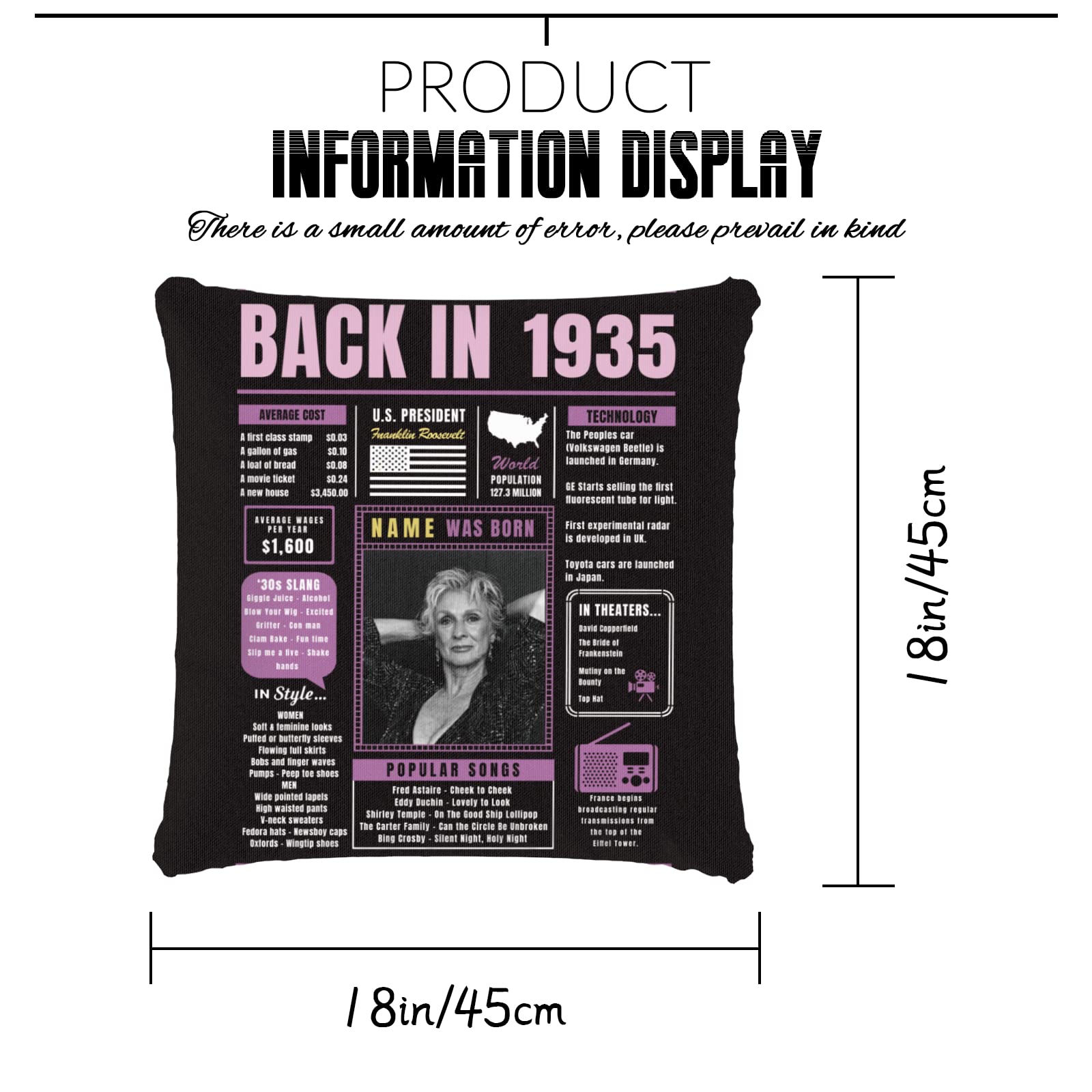 89th Birthday Gifts for Women & Men - Purple Custom Throw Pillow with 1935 Year Design, Super Soft Decorative Pillowcase for 89 Year Old Birthday Party Decor - Perfect for Sofa, Bed & Home Decor
