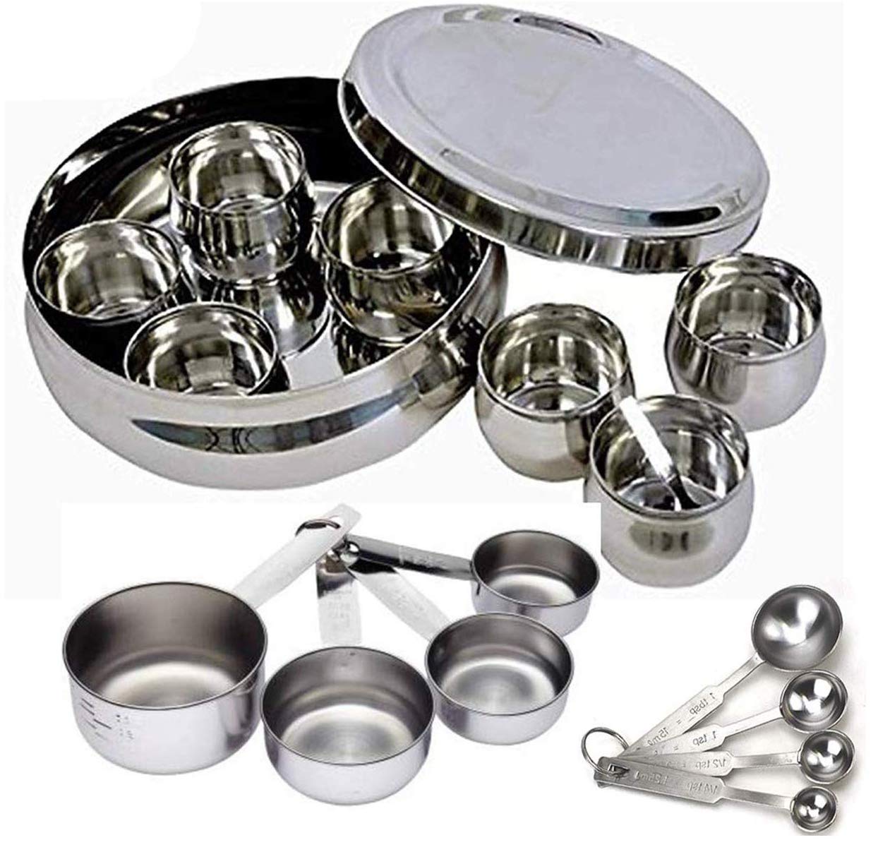 Premium 7-Compartment Stainless Steel Spice Box Organizer with Measuring Spoons & Cups - Durable Conical Masala Dabba for Indian Cooking, Perfect for Kitchen Storage & Spice Blending