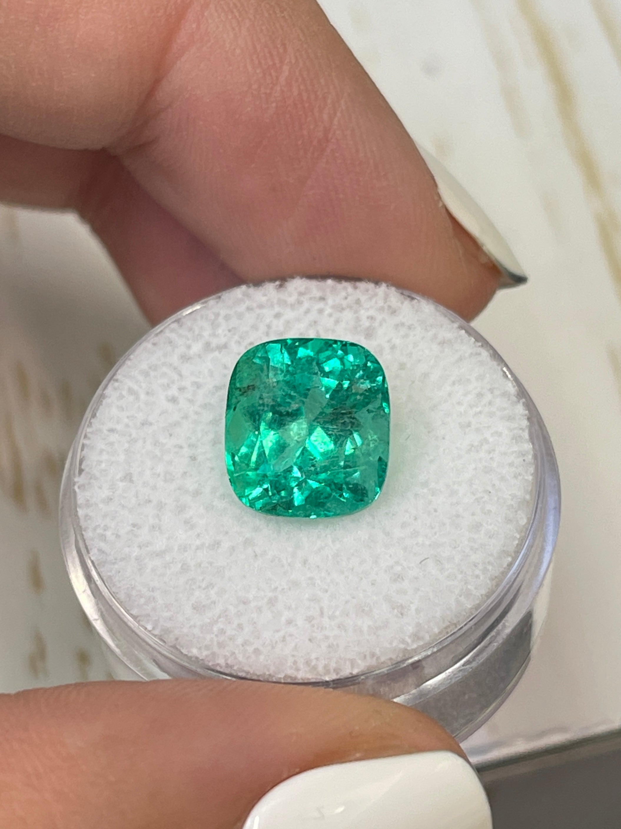 5.29 Carat Certified Natural Loose Colombian Emerald - Bluish Green Cushion Cut 10.5x9.7mm | Engagement Ring, Pendant & Jewelry Making Gemstone