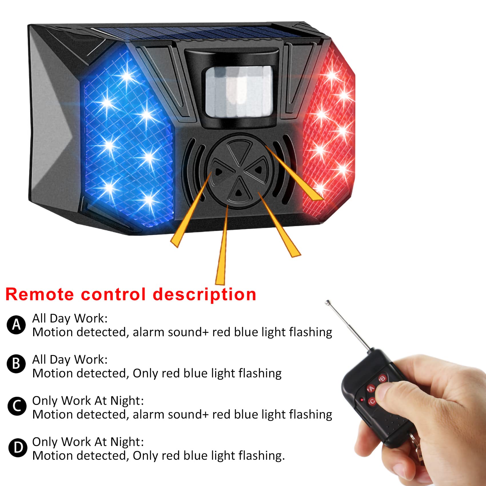 Solar Strobe Warning Lights with Motion Sensor - 129dB Waterproof Alarm, 4 Modes Security Siren Light for Farm, Warehouse, Yard, Home & Barn Protection (2 Pack with Remote) - Ideal for Outdoor Security, Animal Deterrent & Emergency Alert