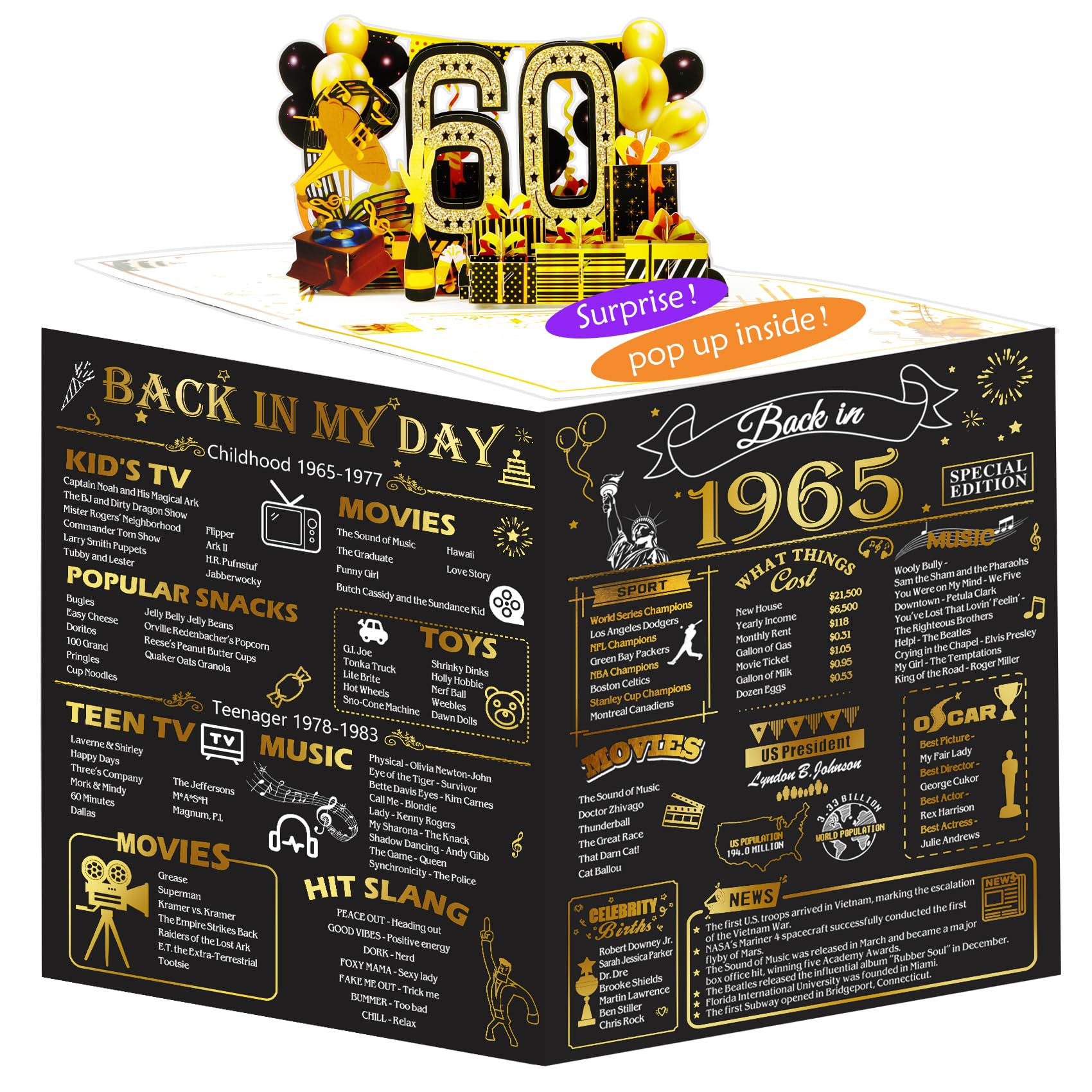 3D Pop Up 60th Birthday Card for Men & Women - Funny 1965 Themed 60 Year Old Birthday Gift for Him Her - Perfect for Anniversary Celebrations, Retirement Parties & Milestone Decorations