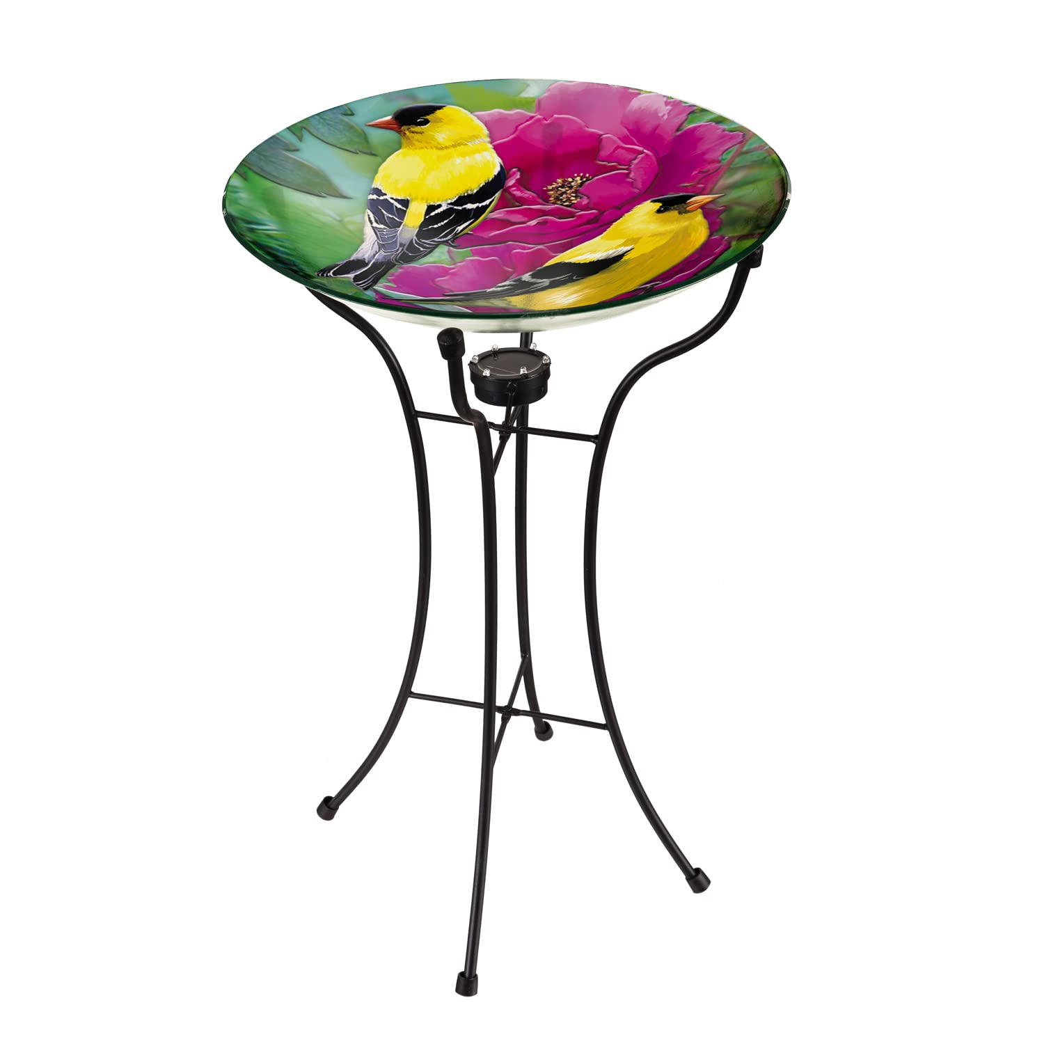 Evergreen 18-Inch Hand Painted Embossed Glass Bird Bath with Solar Stand - Goldfinch Design for Garden, Patio, and Outdoor Decor