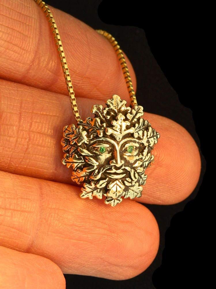 14K Gold Green Man Pendant Necklace with Tsavorite Gemstone Eyes - Nature Inspired Leaf Man Charm Jewelry for Women, Perfect for Boho Fashion, Spiritual Gifts & Nature Lovers