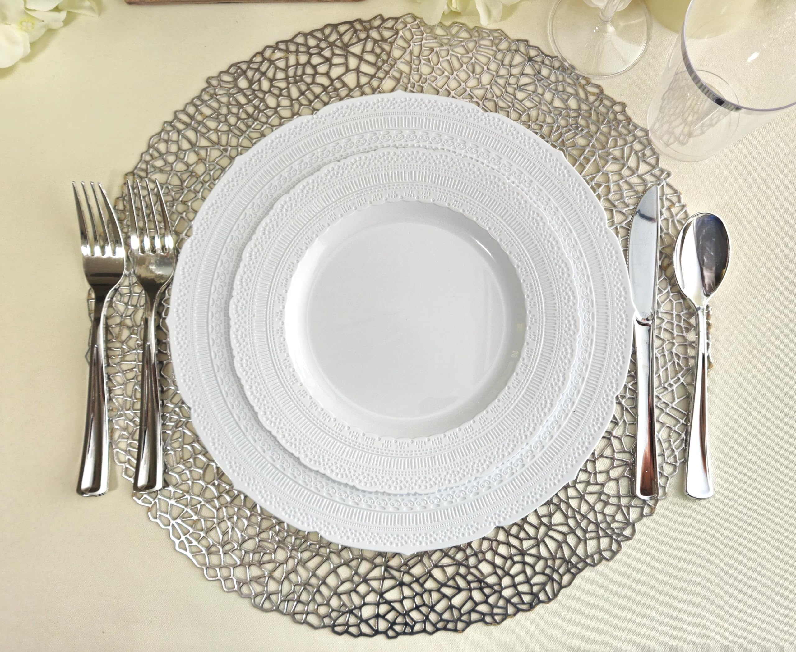 120-Piece Metallic Vinyl Placemats Set - Elegant Pressed Table Mats for Weddings, Parties & Special Occasions (Mystique Silver) - Perfect for Dining Tables, Buffets, and Event Centerpieces