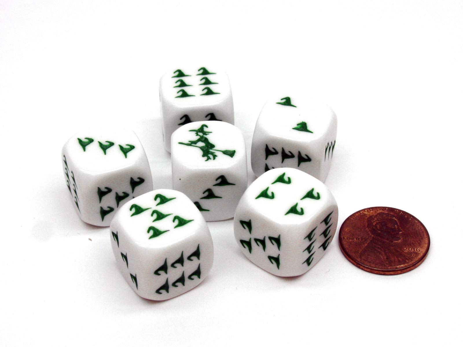 6-Piece Halloween Witch Themed 16mm Dice Set - White with Green Etched Designs for D&D, RPG, Board Games & Witchcraft Rituals