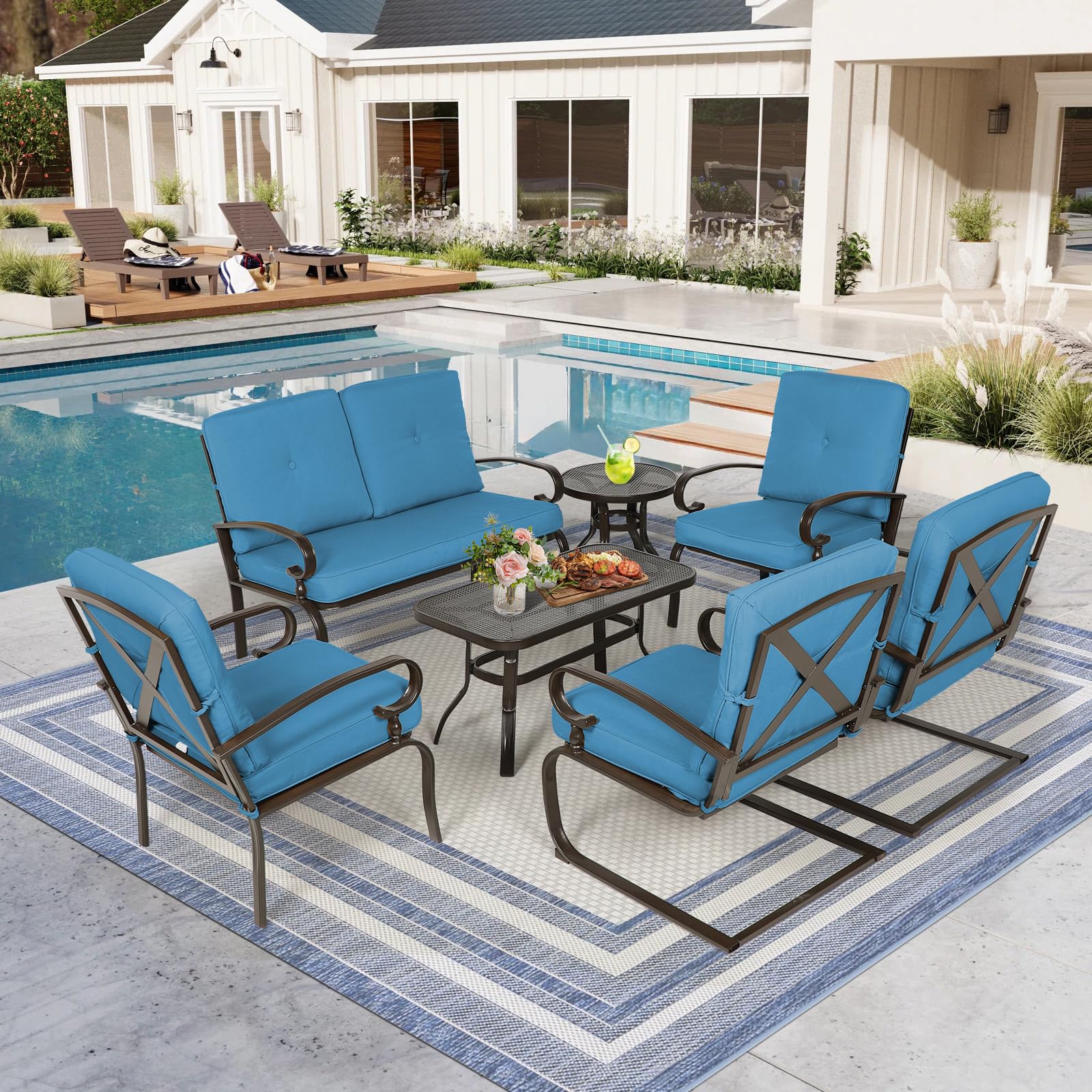 Oakcloud 7-Piece Wrought Iron Outdoor Patio Furniture Set with Cushions (Blue) - Includes Loveseat, Coffee Table, Bistro Table, 2 Spring Chairs & 2 Dining Chairs - Perfect for Garden, Backyard, Poolside or Terrace Relaxation