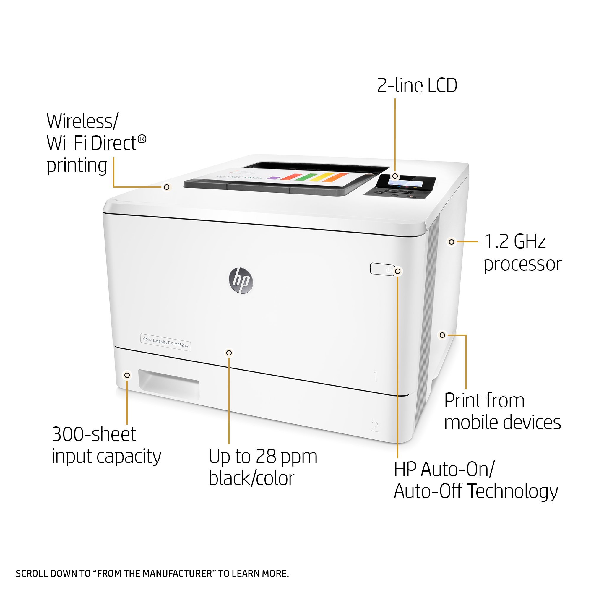 HP LaserJet Pro M452nw Wireless Color Laser Printer with Ethernet | Fast Printing & Scanning | Home Office & Small Business Use (Renewed, CF388A)