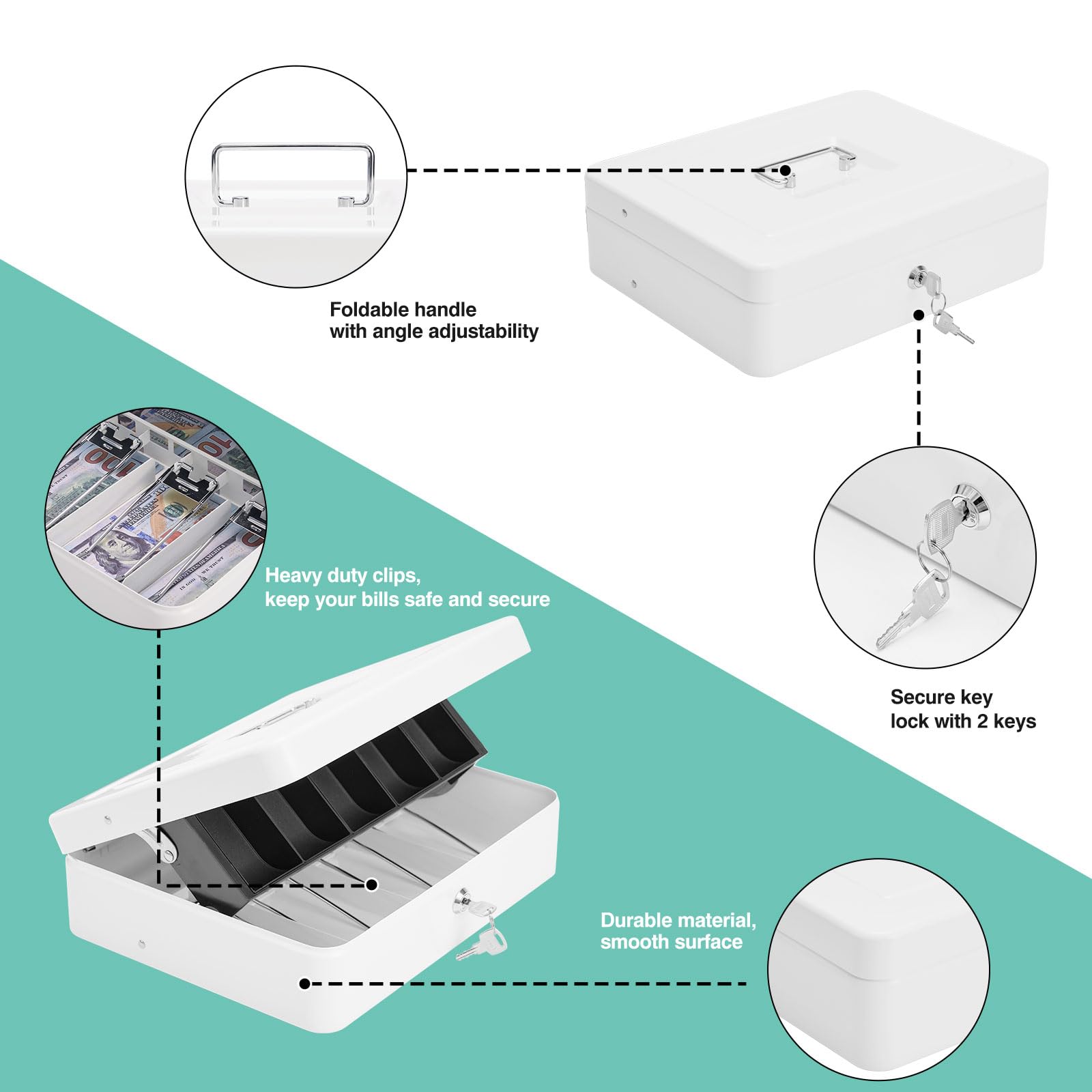 Secure Metal Locking Cash Box with Key - Durable Money Safe with 4 Bill & 5 Coin Slots, Cantilever Design & Carry Bag - Ideal for Home, Office, Retail Stores & Small Business Cash Management (White)