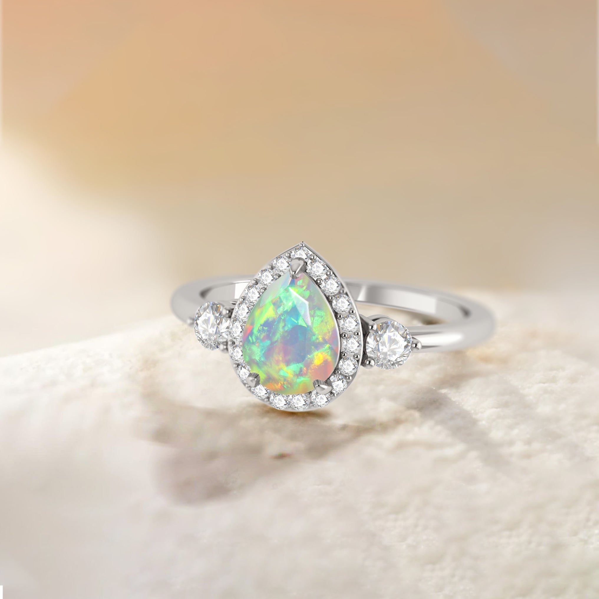 Natural White Opal Pear Shape Halo Ring - Elegant Faceted Gemstone Jewelry for Engagement, Wedding & Special Occasions