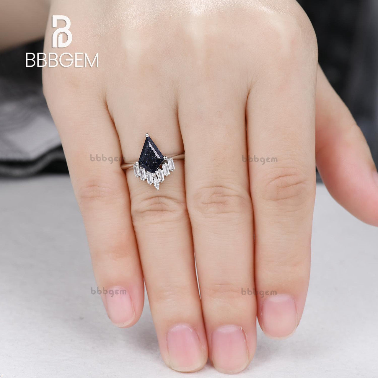 Vintage Blue Goldstone Moissanite Engagement Ring - Knife Edge Kite Cut Blue Sandstone Statement Ring for Women, Wedding, Anniversary & Special Occasions