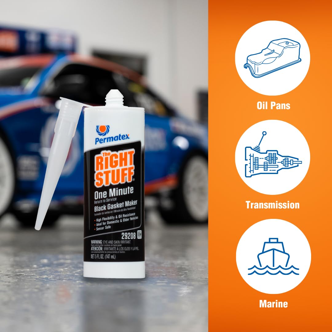 Permatex 29208 The Right Stuff 1 Minute Black Gasket Maker, 5 oz - Fast-Curing High-Temperature Sealant for Automotive Engines, Transmissions & Industrial Equipment Repair