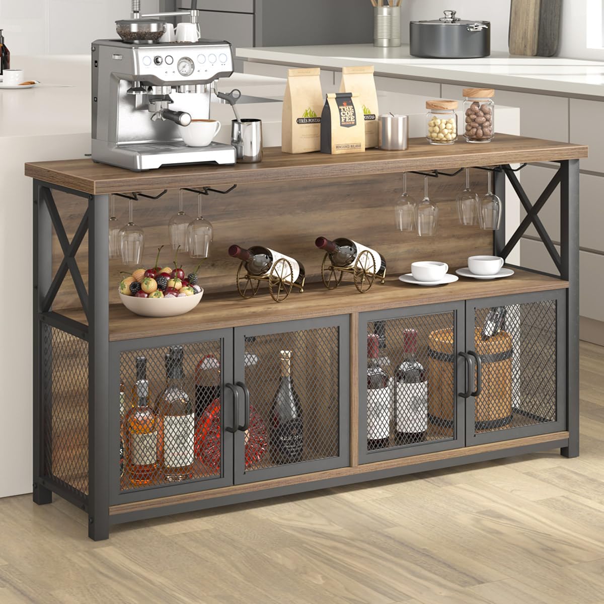 LVB Industrial Wine Bar Cabinet - 47 Inch Rustic Oak Buffet Sideboard with Metal & Wood Design for Liquor, Glasses & Coffee Storage | Perfect for Farmhouse Dining Room, Kitchen & Home Bar Setup