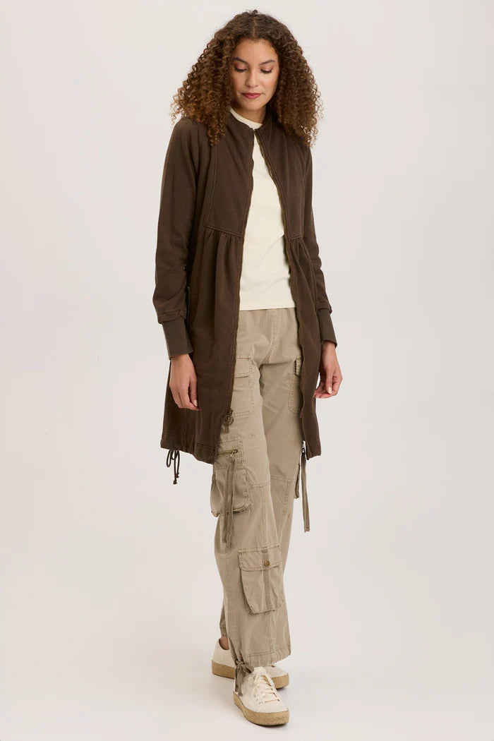 Warm Fleece Funnel Neck Long Coat in Boxwood Pigment - Perfect for Winter Outdoor Activities and Casual Wear