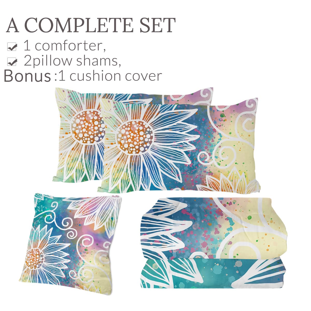 Sleepwish Boho Mandala Floral Queen Comforter Set - Turquoise Teal Blue Bohemian Geometric Lightweight Quilt | 4-Piece Ethnic Bedspread for Master Bedroom, Guest Room & Bohemian Home Decor
