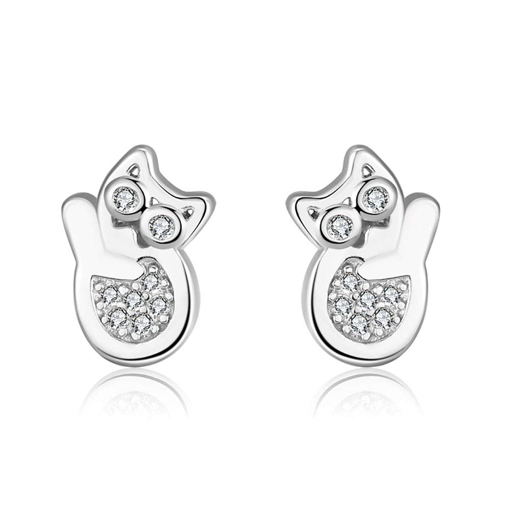 Ginger Lyne Sterling Silver Kitty Cat Stud Earrings with CZ Stones - Perfect for Casual Wear, Gifts & Cat Lovers