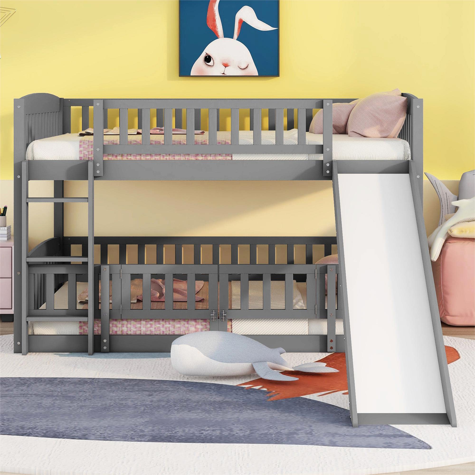 Harper & Bright Designs Full Over Full Low Kids Bunk Bed with Slide - Wooden Bunk Bed Frame with Safety Guardrail, Ladder & Fun Small Door for Toddlers, Kids & Teens - Perfect for Small Bedrooms, Playrooms & Sleepovers (Grey)
