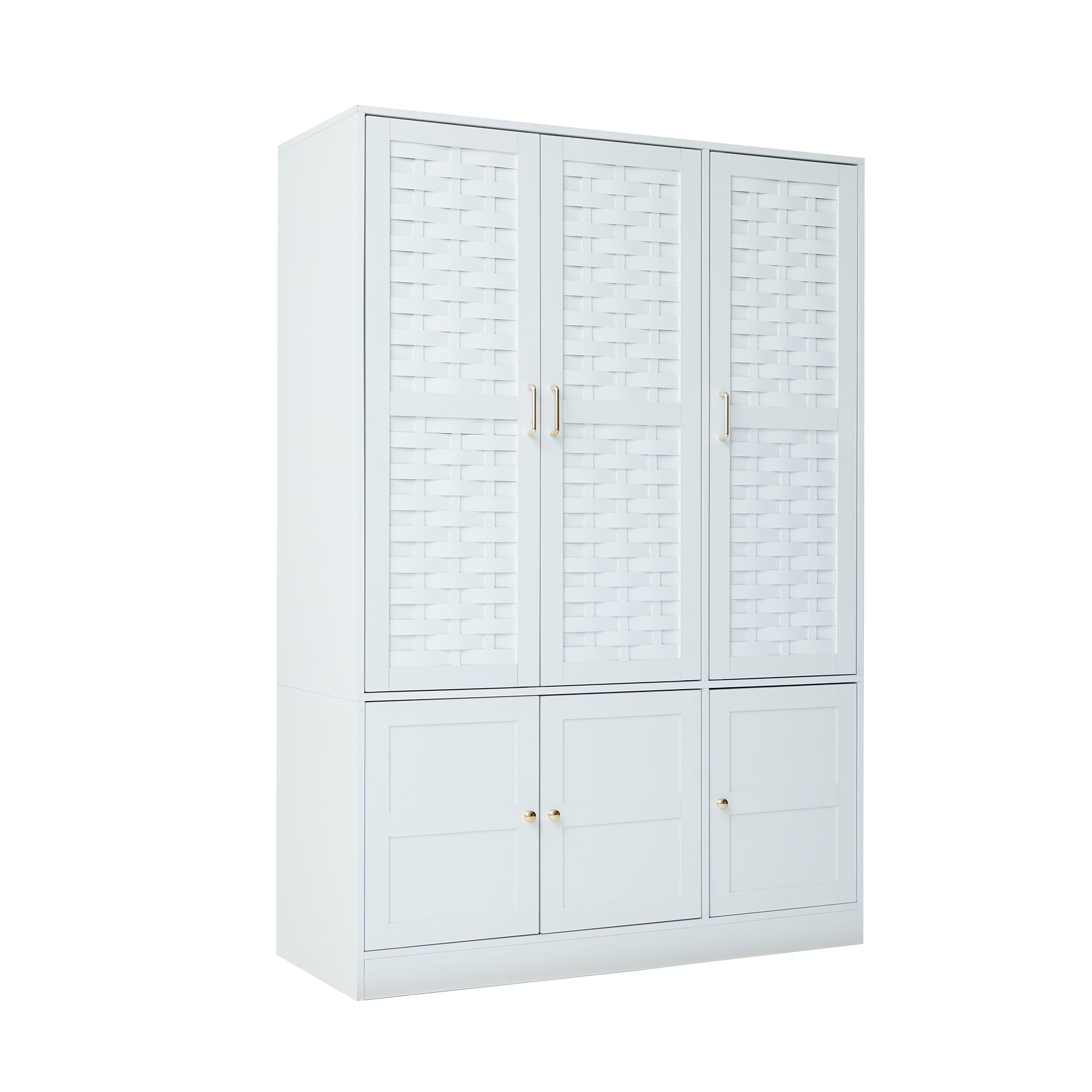 Large White Wooden Armoire Wardrobe with 6 Woven Doors, 8 Shelves & Metal Handles - Spacious Storage Cabinet with Hanging Rod for Bedroom, Closet or Living Room Organization