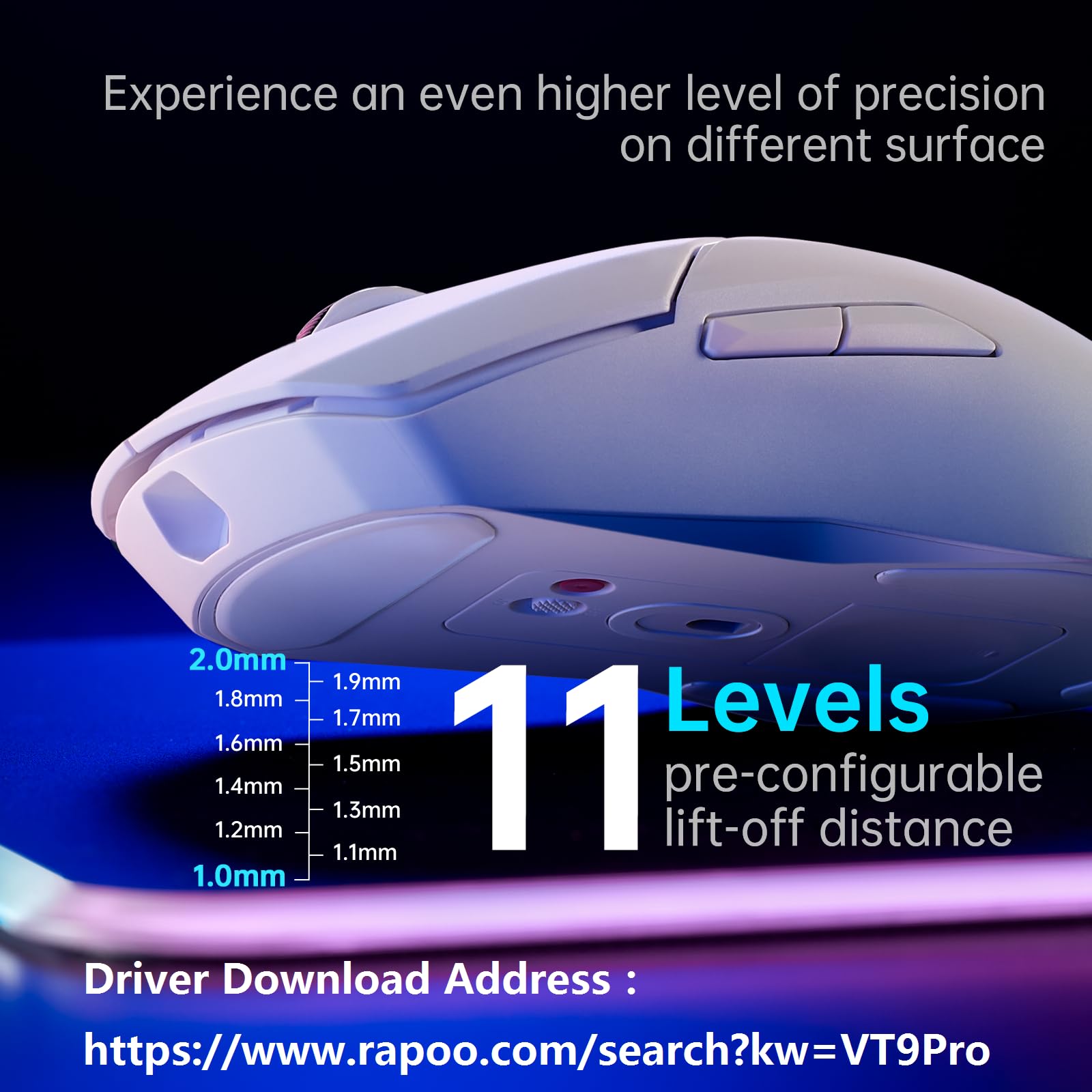 RAPOO VT9Pro Wireless Gaming Mouse - 26000 DPI PAW 3398 Sensor, 1ms Response Time, 10 Programmable Buttons, Lightweight Esports Mouse with Long Battery Life (White) - Perfect for FPS, MOBA Games and Professional Gaming