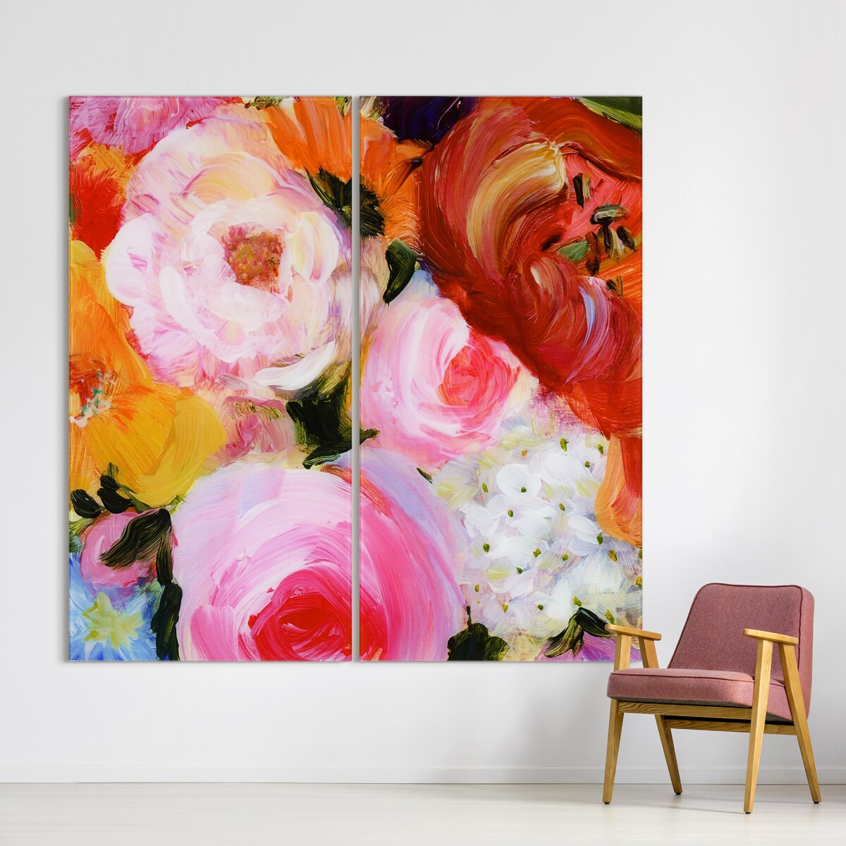 Blossoms in Rouge & Blush Oversized 72x36 Frameless Floating Reverse Printed Tempered Glass Art Panels Set - Perfect for Living Room, Bedroom & Office Wall Decor