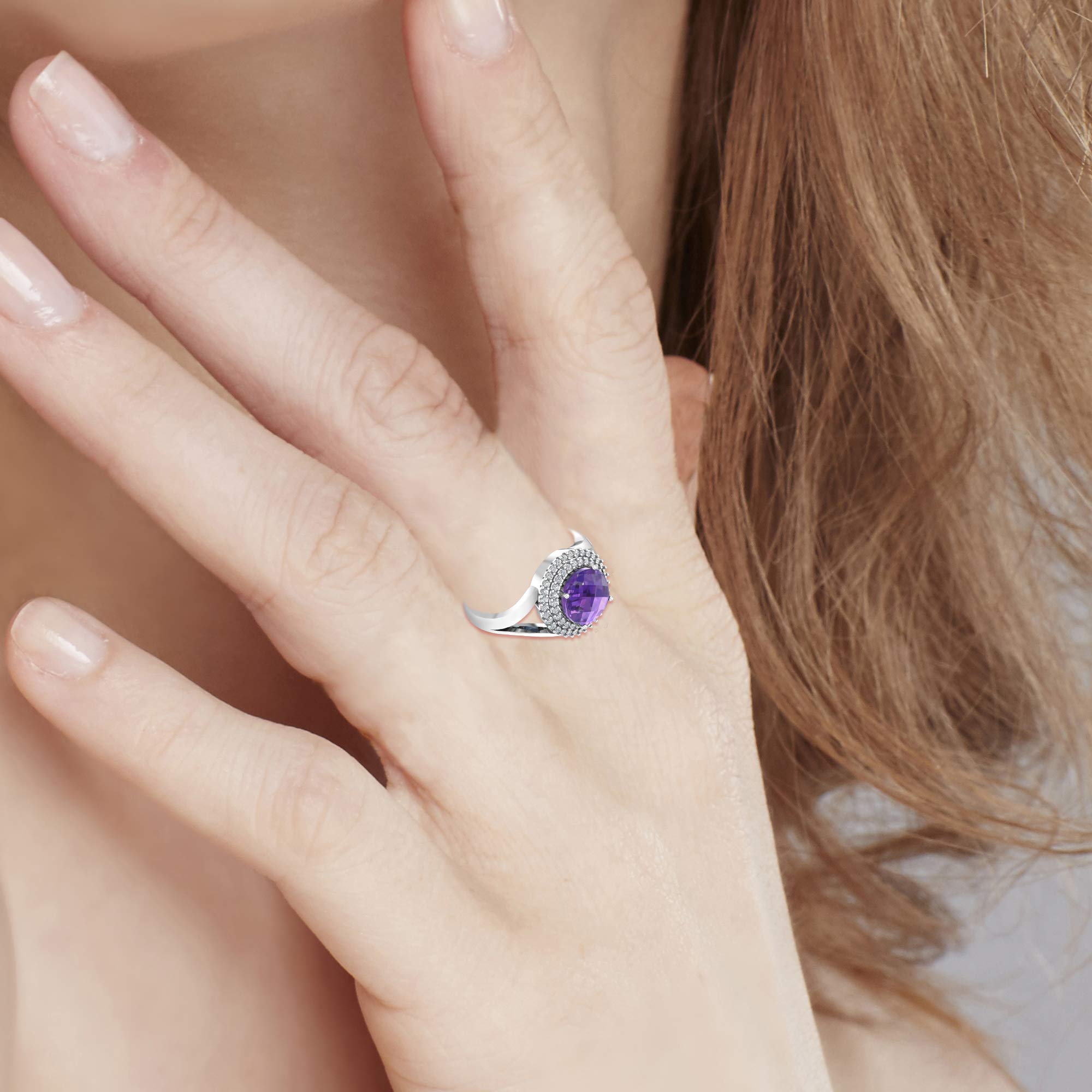 925 Sterling Silver Round Gemstone Birthstone Double Halo Ring for Women - Perfect Gift for Birthday, Anniversary & Special Occasions